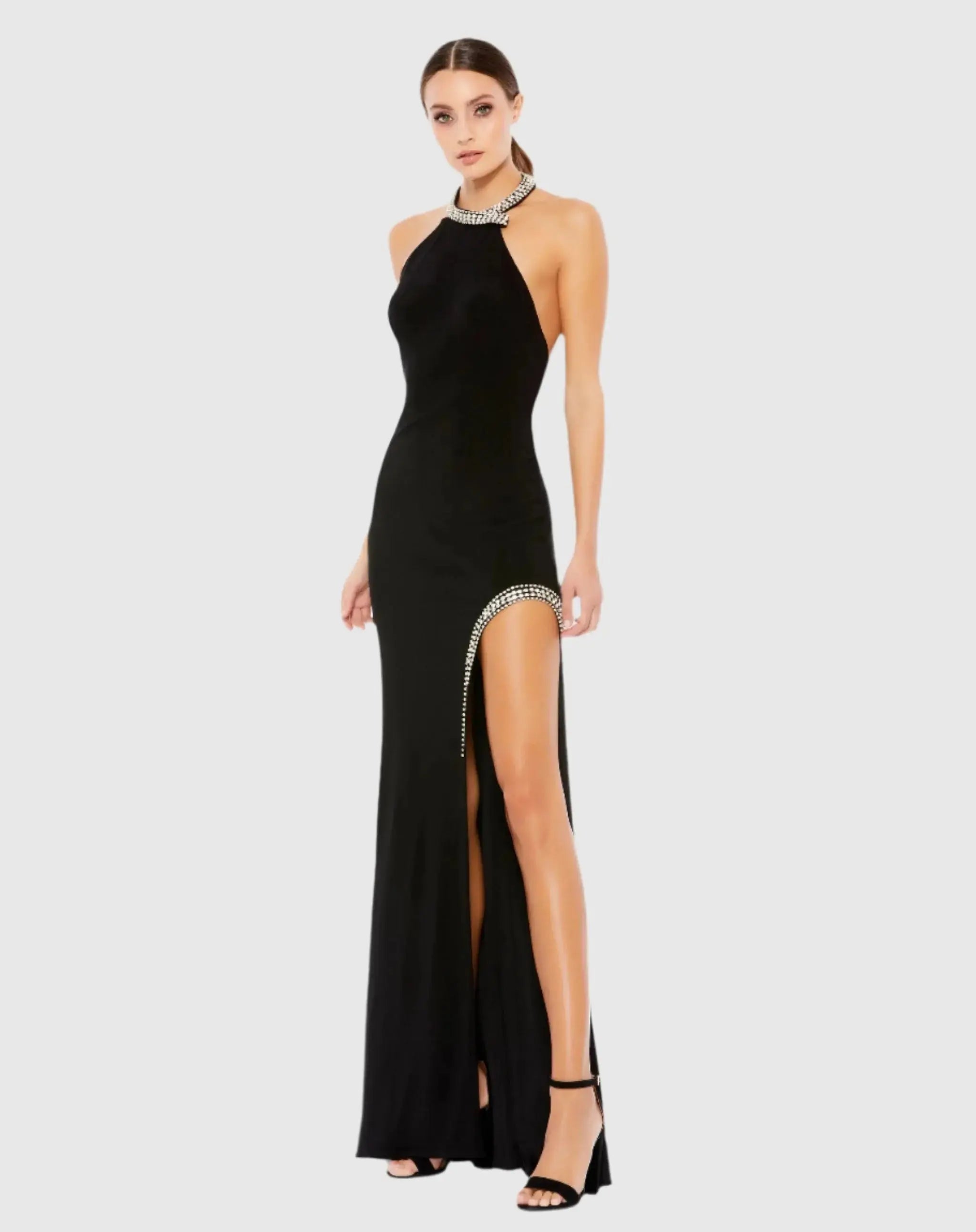 Black Rhinestone Accented Halter Gown-Myartka
