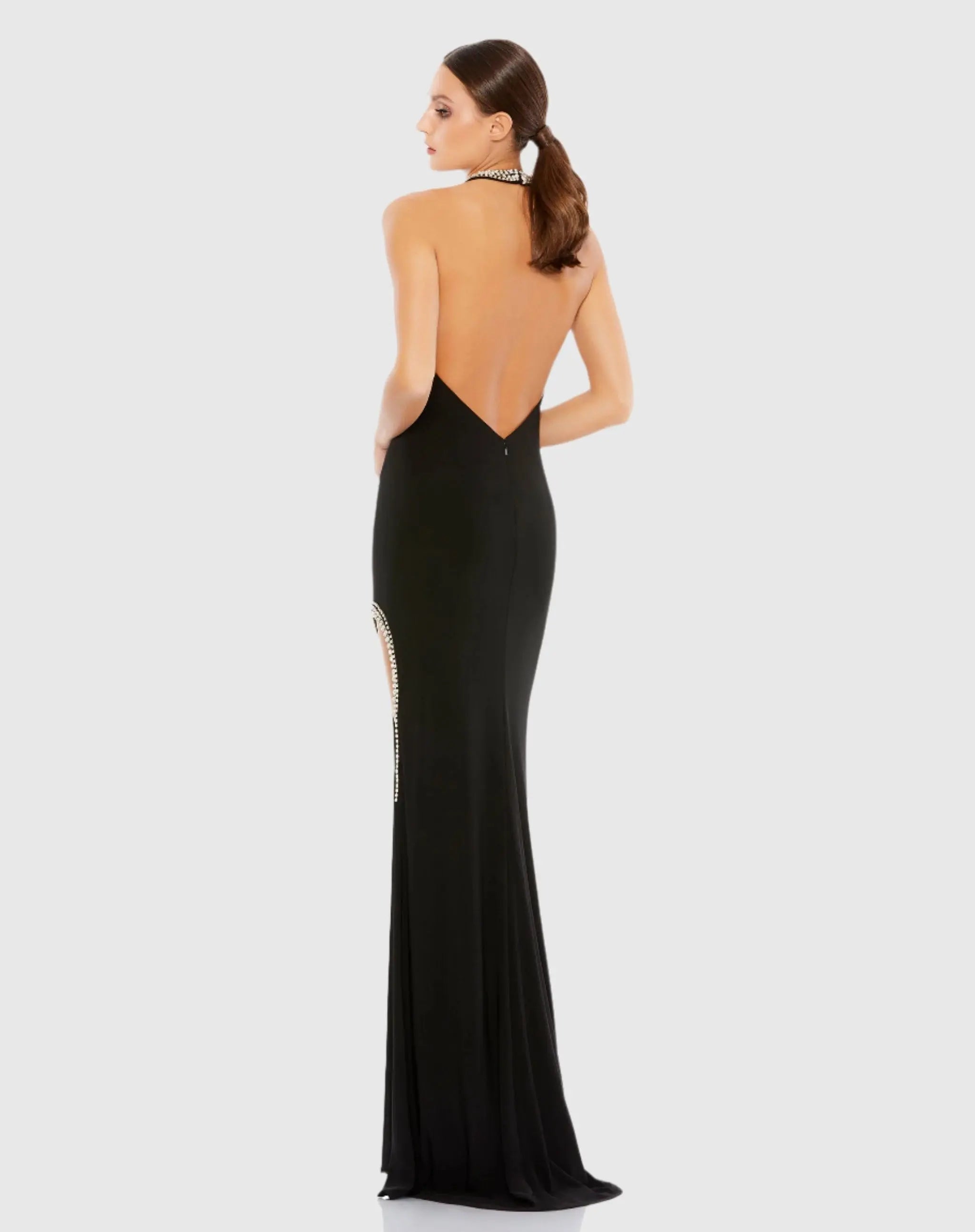 Black Rhinestone Accented Halter Gown-Myartka