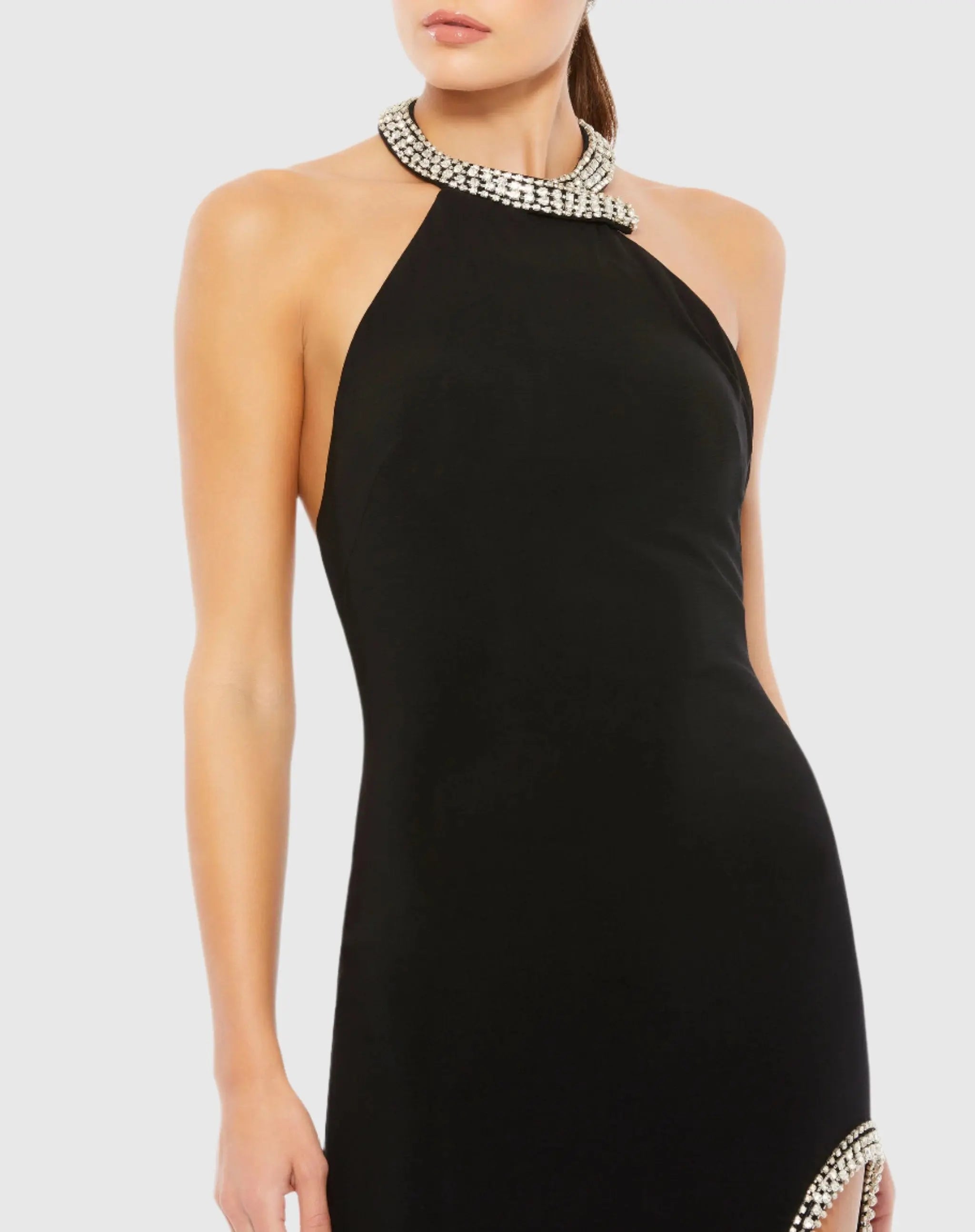 Black Rhinestone Accented Halter Gown-Myartka