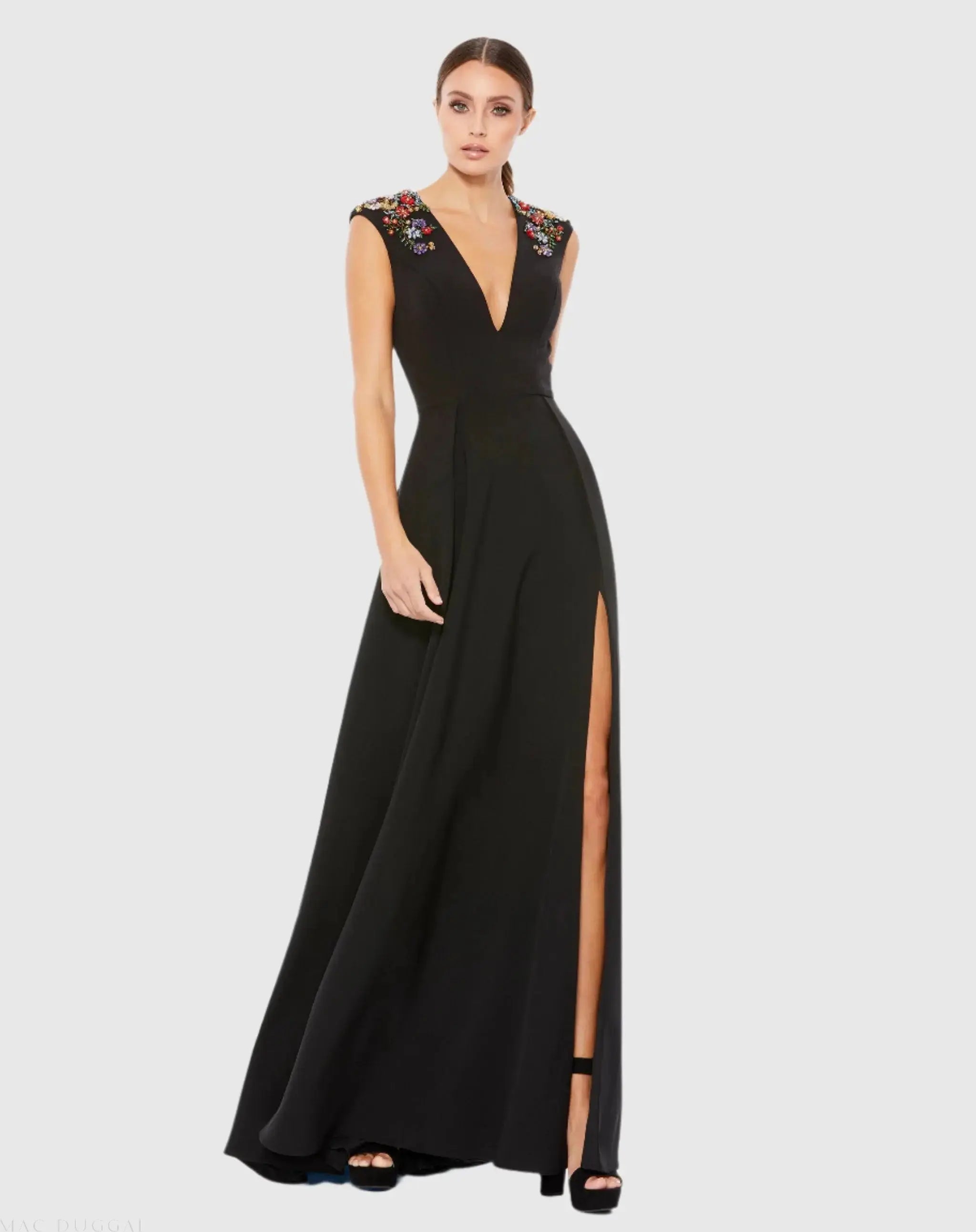 Black Beaded Cap Sleeve V Neck A Line Gown-Myartka