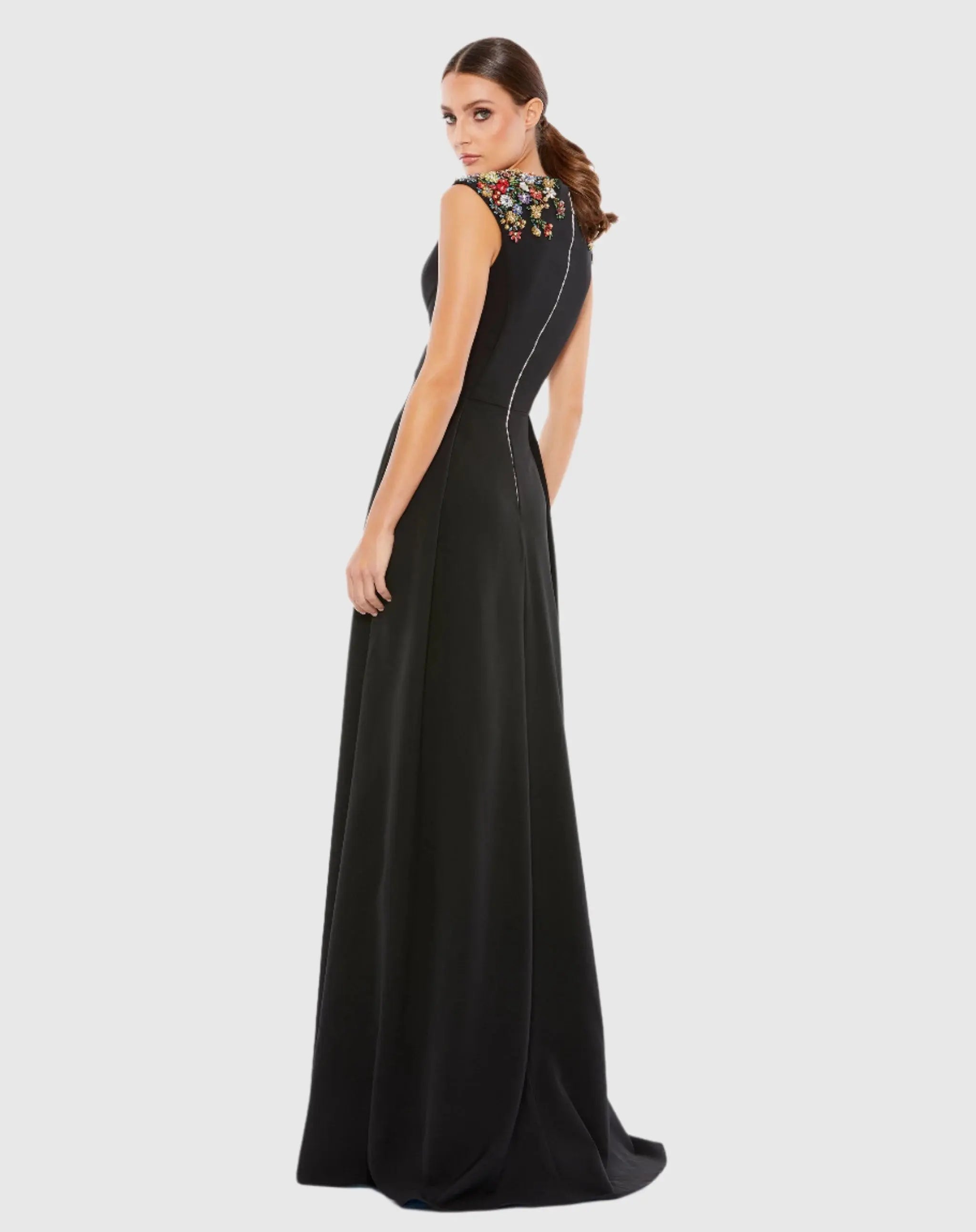 Black Beaded Cap Sleeve V Neck A Line Gown-Myartka
