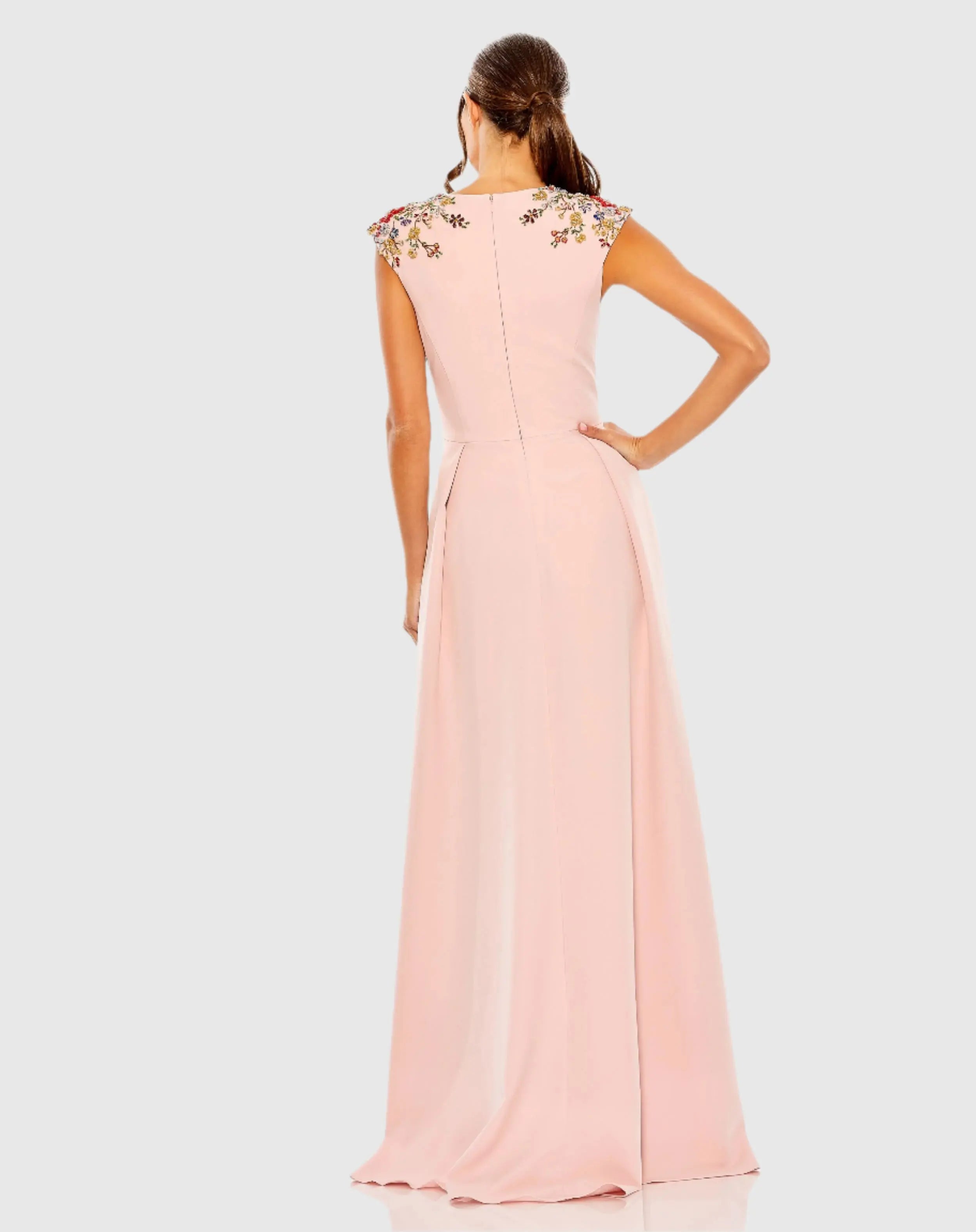 Pink Beaded Cap Sleeve V Neck A Line Gown-Myartka