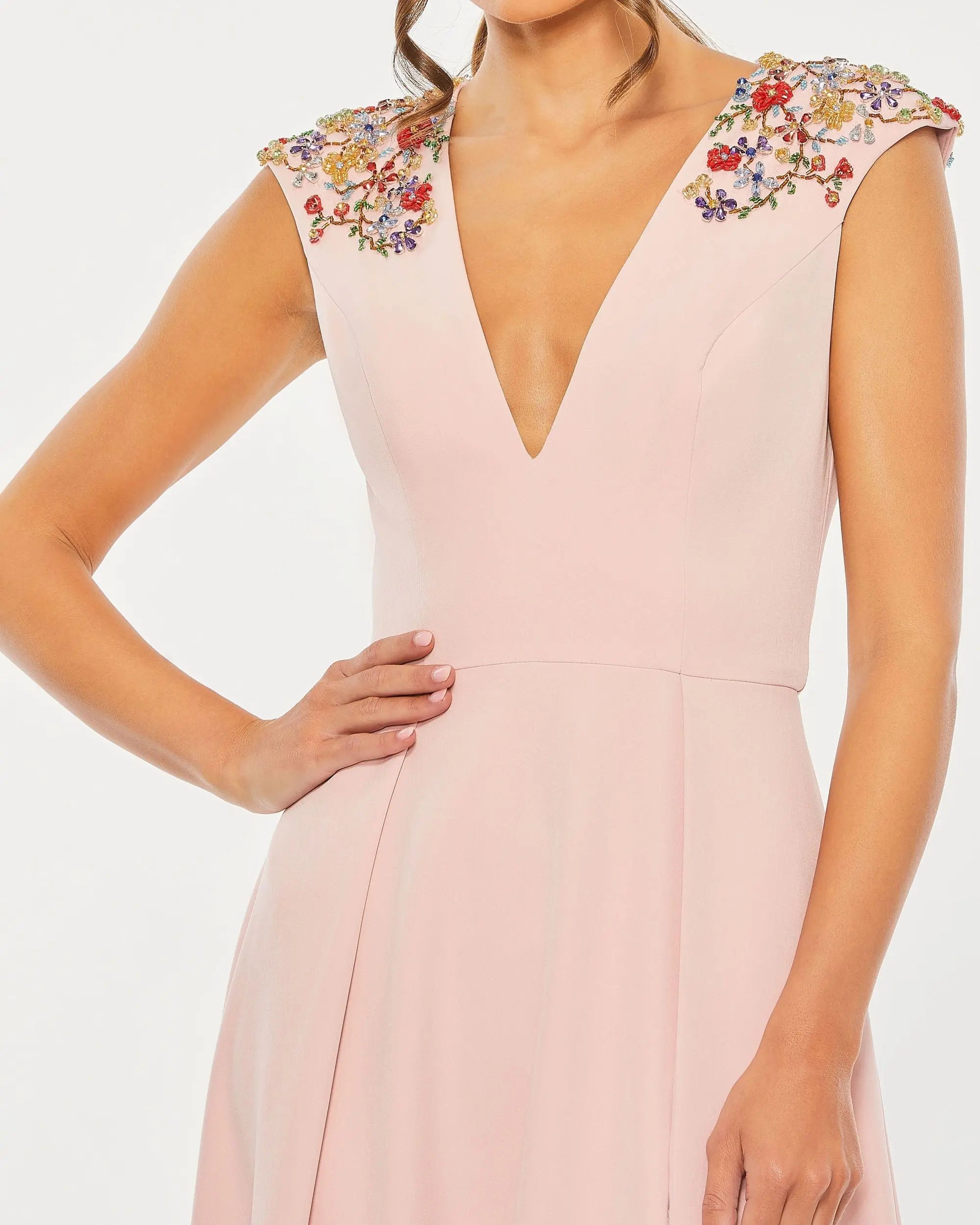 Pink Beaded Cap Sleeve V Neck A Line Gown-Myartka