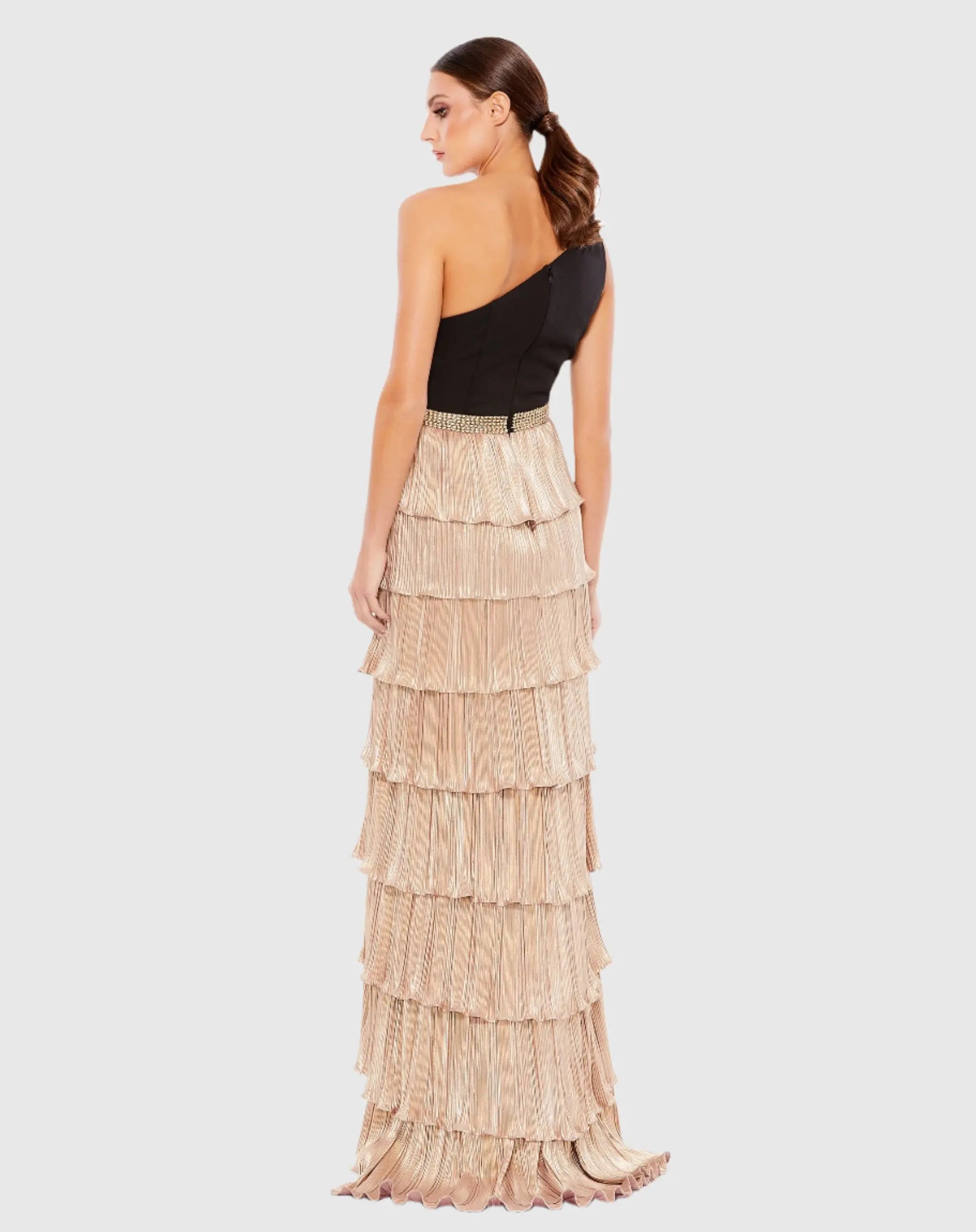 Black and Gold One-Shoulder Ruffle Tiered A-Line Gown-Myartka