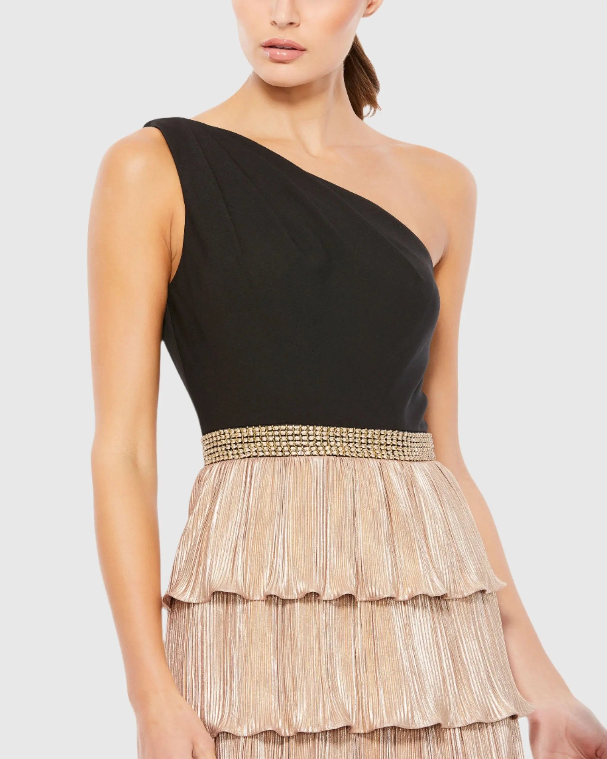 Black and Gold One-Shoulder Ruffle Tiered A-Line Gown-Myartka