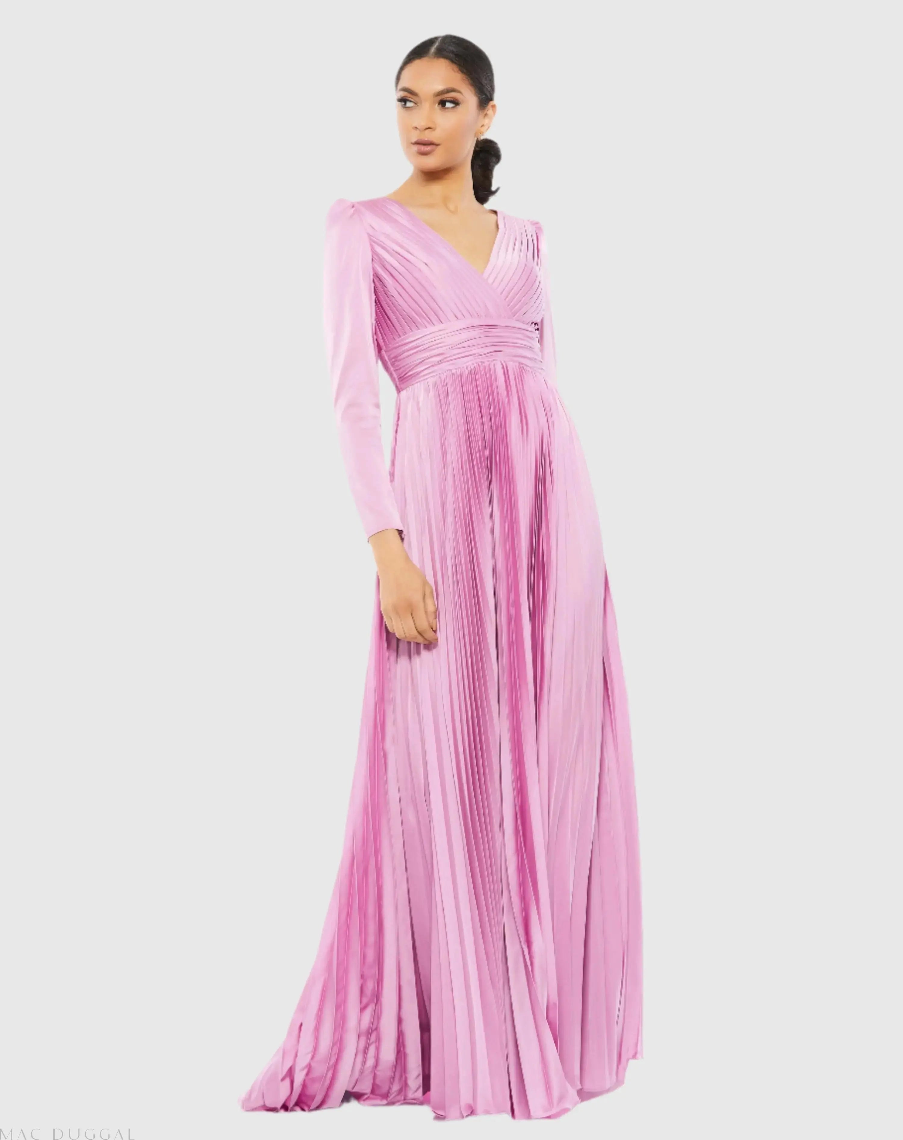 Pleated Long Sleeve V-Neck Gown-Myartka