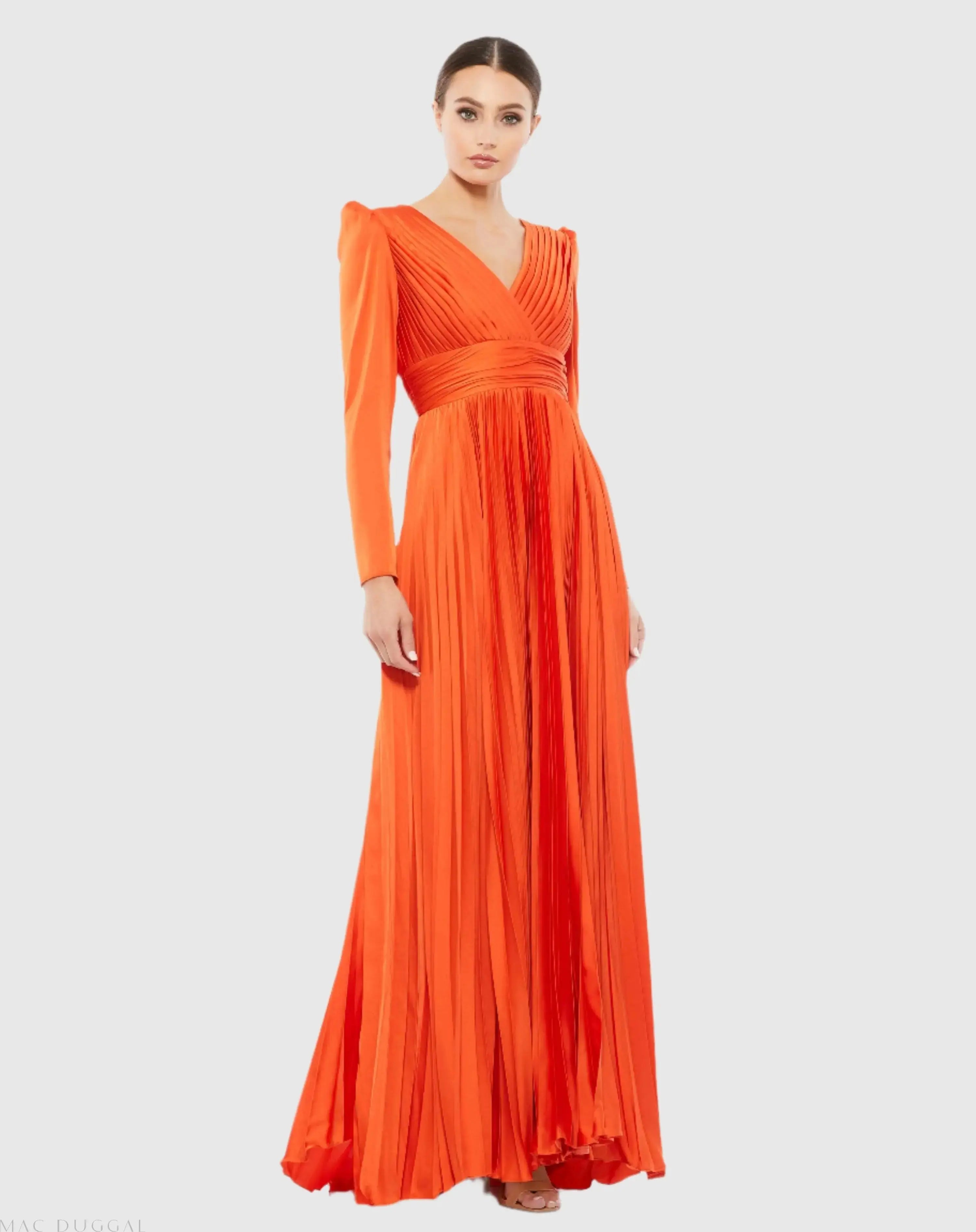 Orange Pleated Long Sleeve V-Neck Gown-Myartka