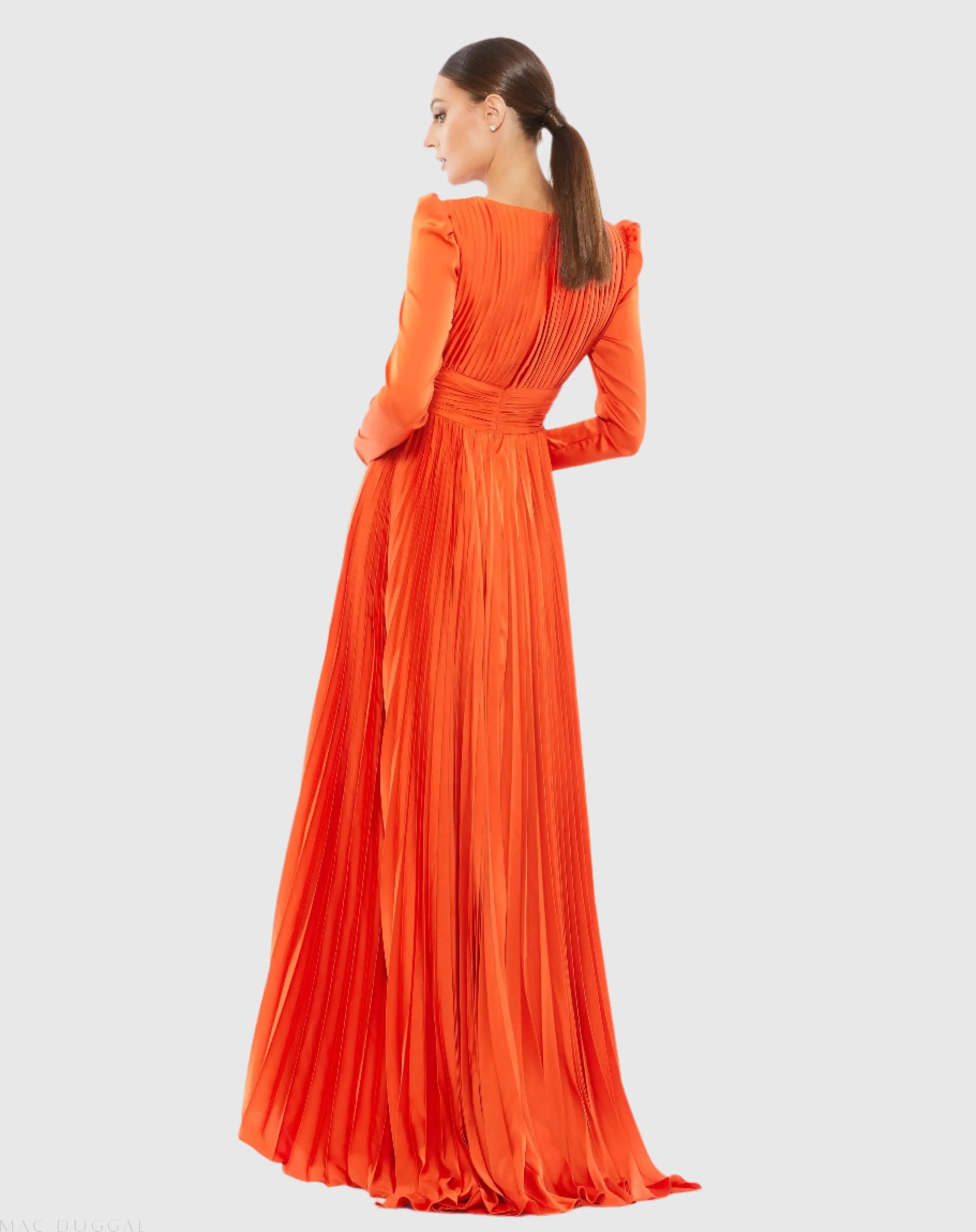 Orange Pleated Long Sleeve V-Neck Gown-Myartka