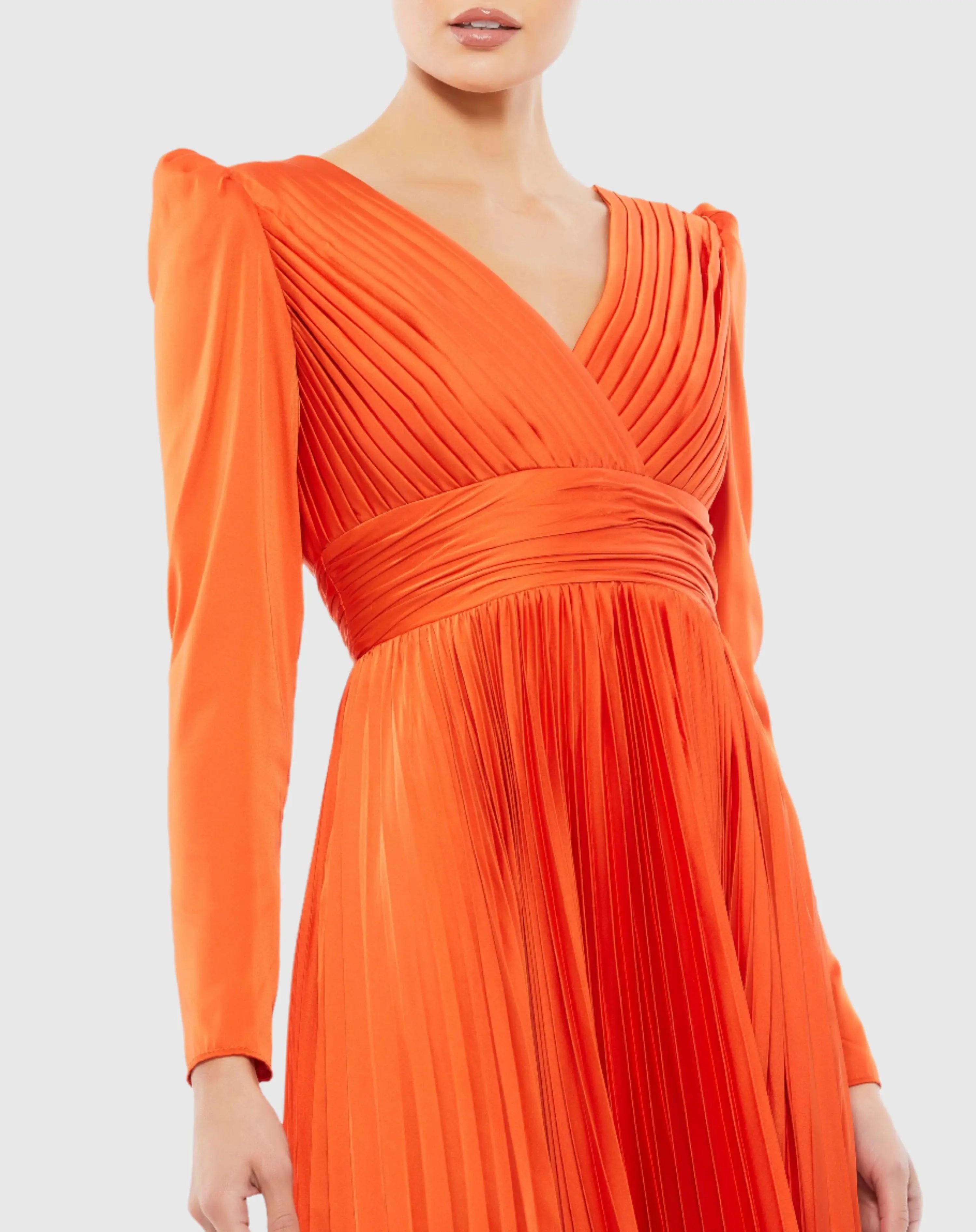 Orange Pleated Long Sleeve V-Neck Gown-Myartka