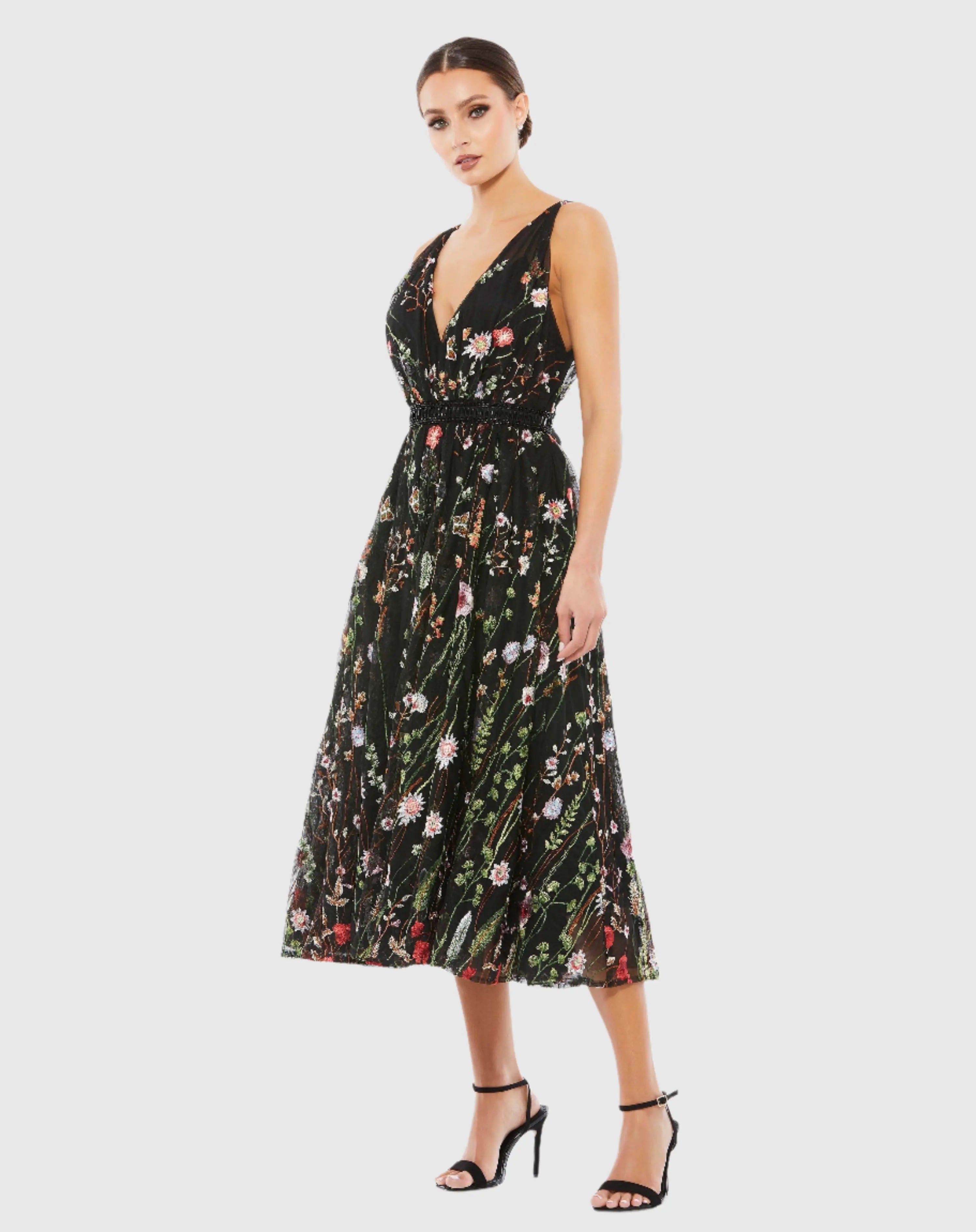 Black Floral Embroidered Midi Dress-Myartka