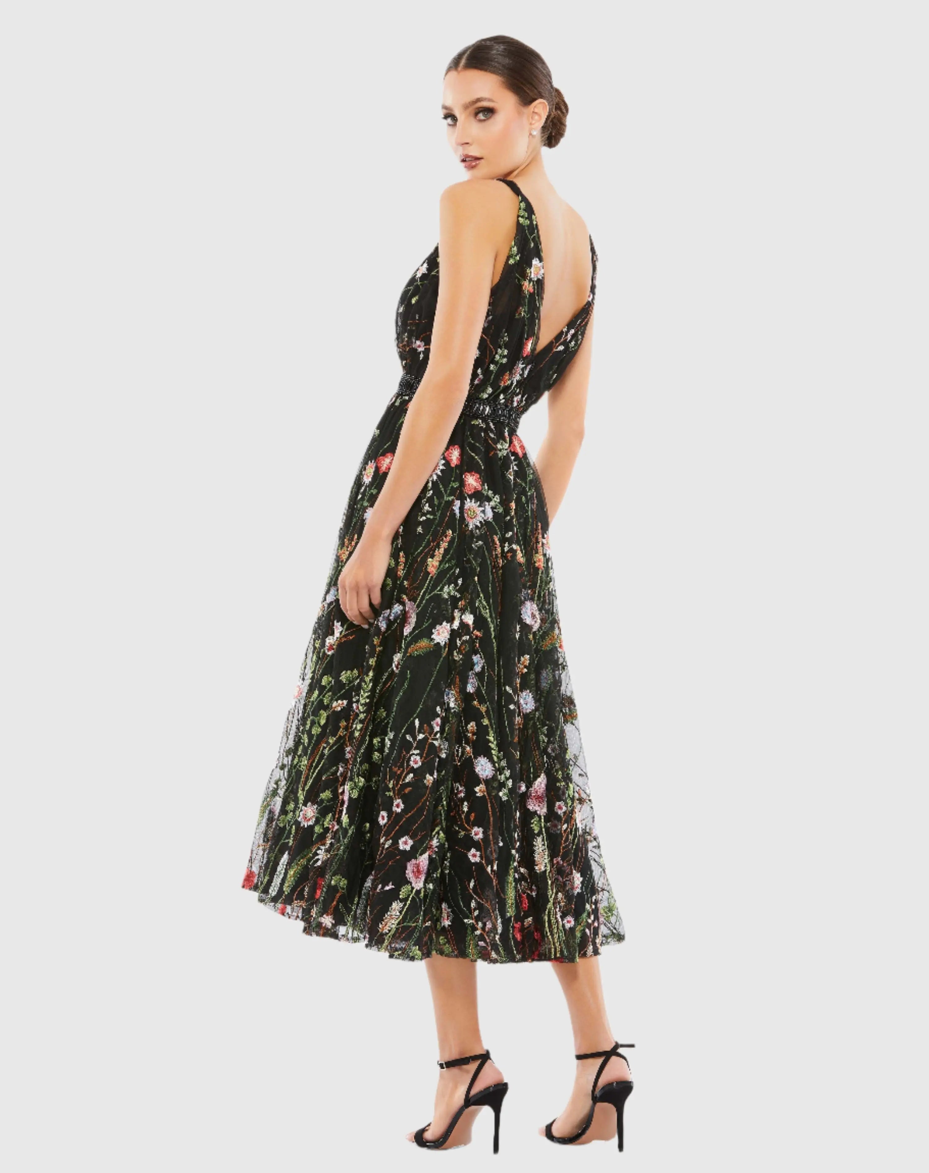 Black Floral Embroidered Midi Dress-Myartka