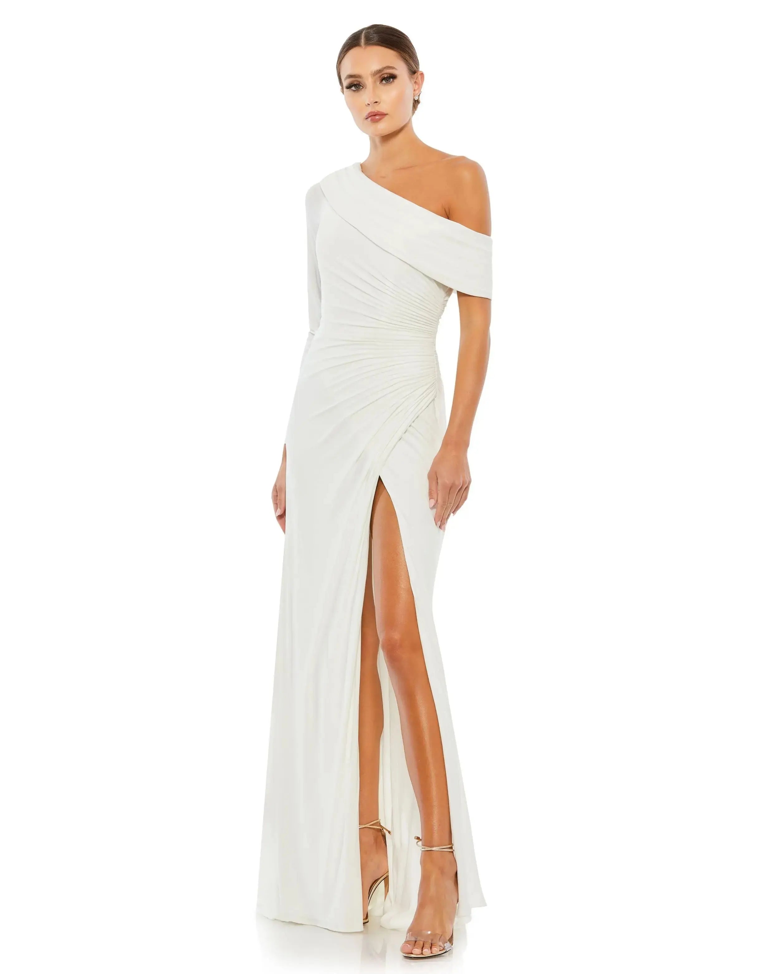 White Ruched Jersey Drop Shoulder Foldover Gown-Myartka