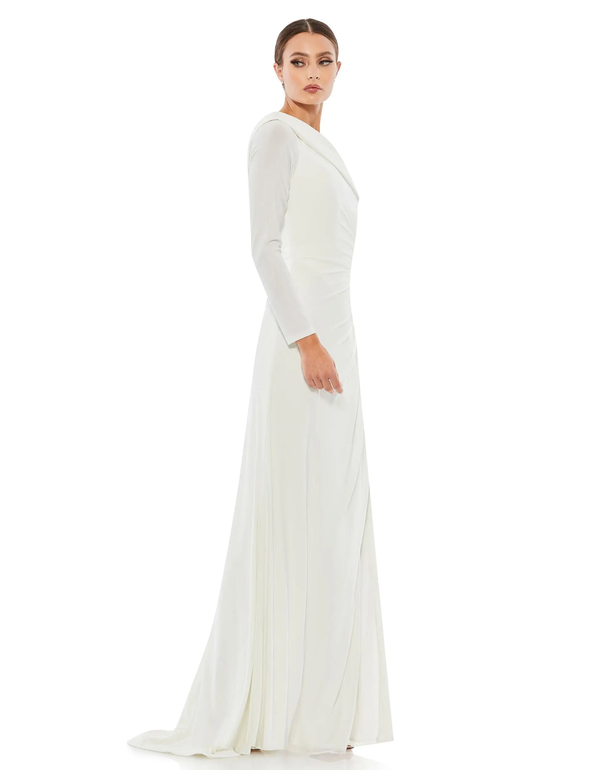 White Ruched Jersey Drop Shoulder Foldover Gown-Myartka