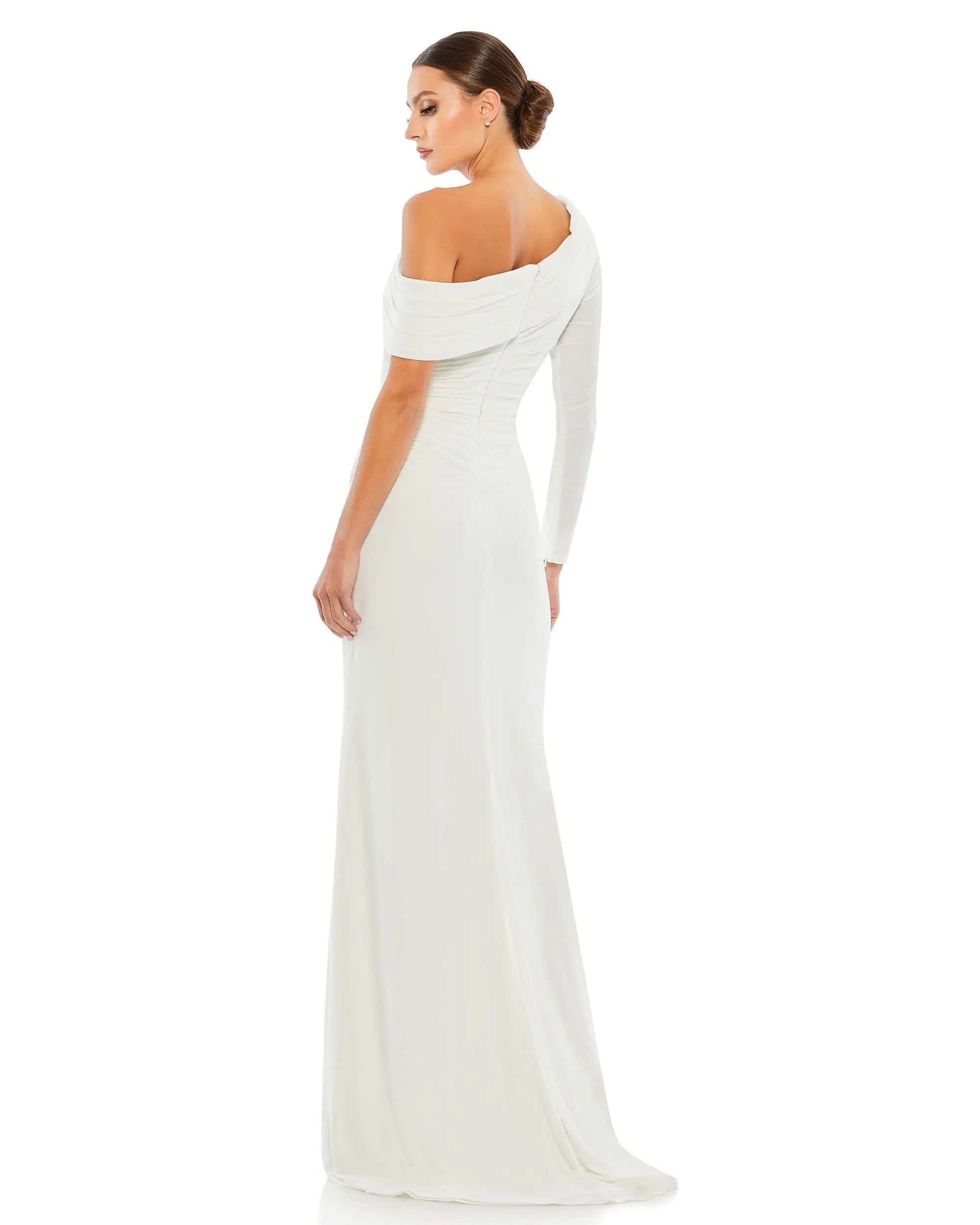 White Ruched Jersey Drop Shoulder Foldover Gown-Myartka