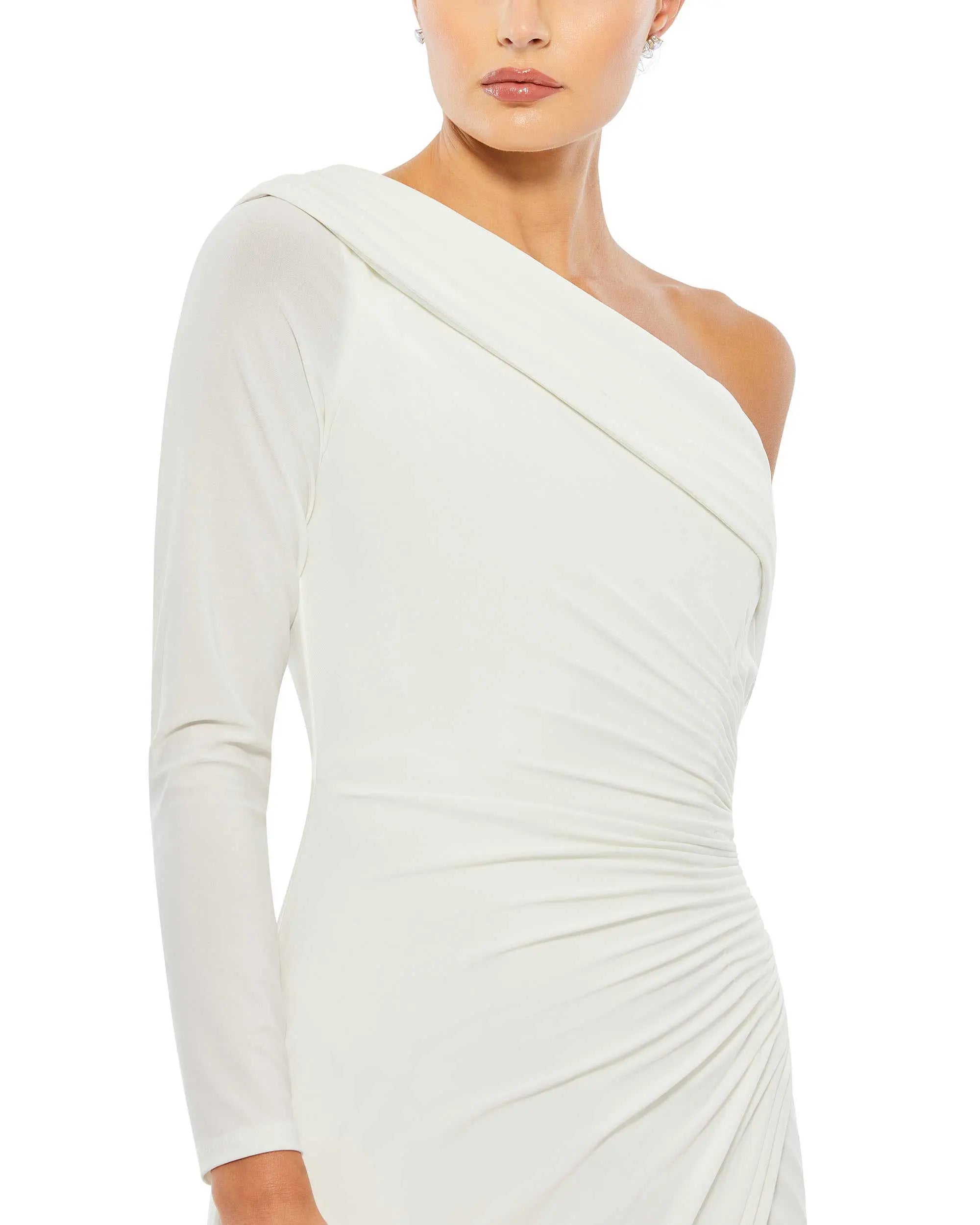 White Ruched Jersey Drop Shoulder Foldover Gown-Myartka
