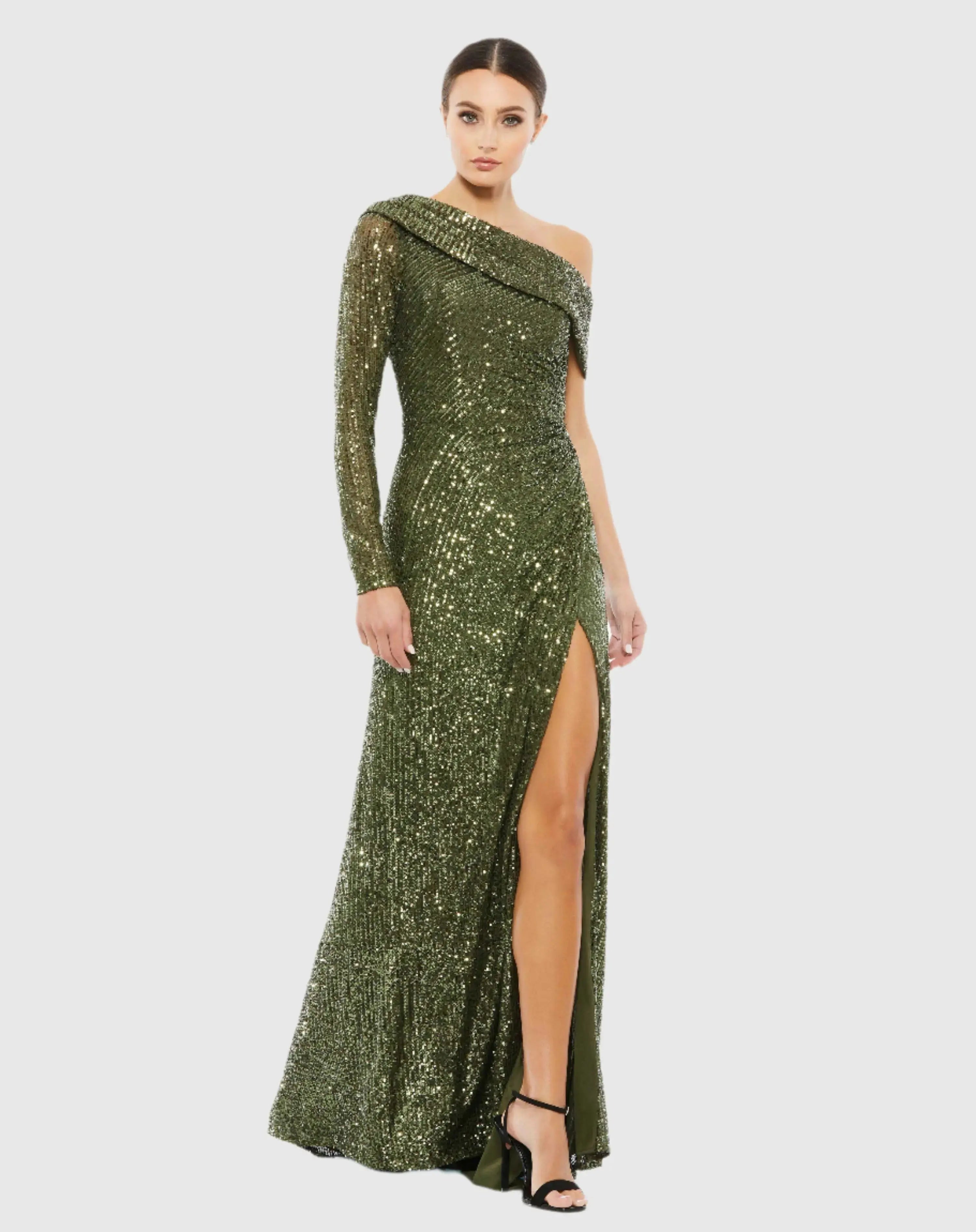 Sequined Drop Shoulder Faux Wrap Gown-Myartka