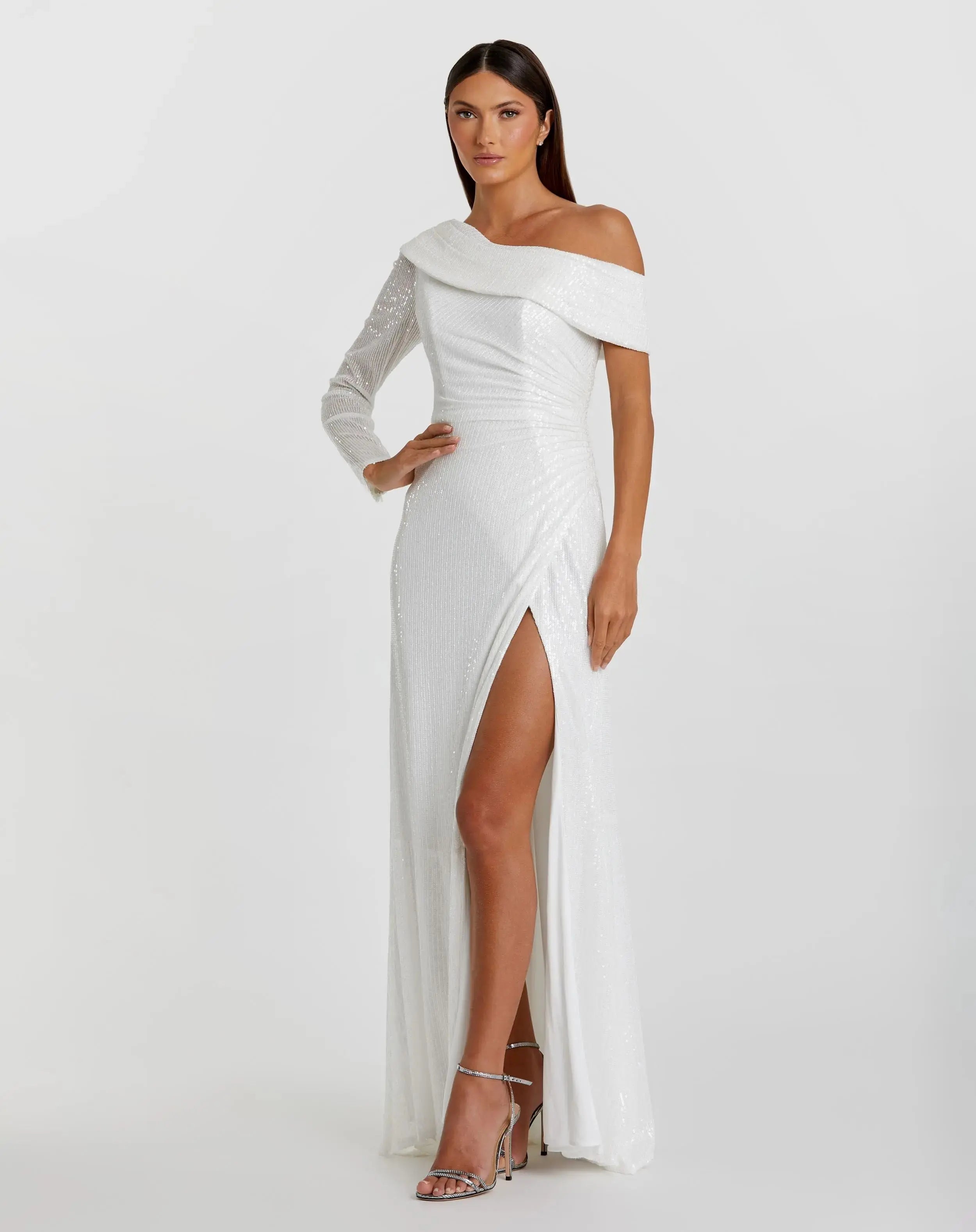 White Sequined Drop Shoulder Faux Wrap Gown-Myartka
