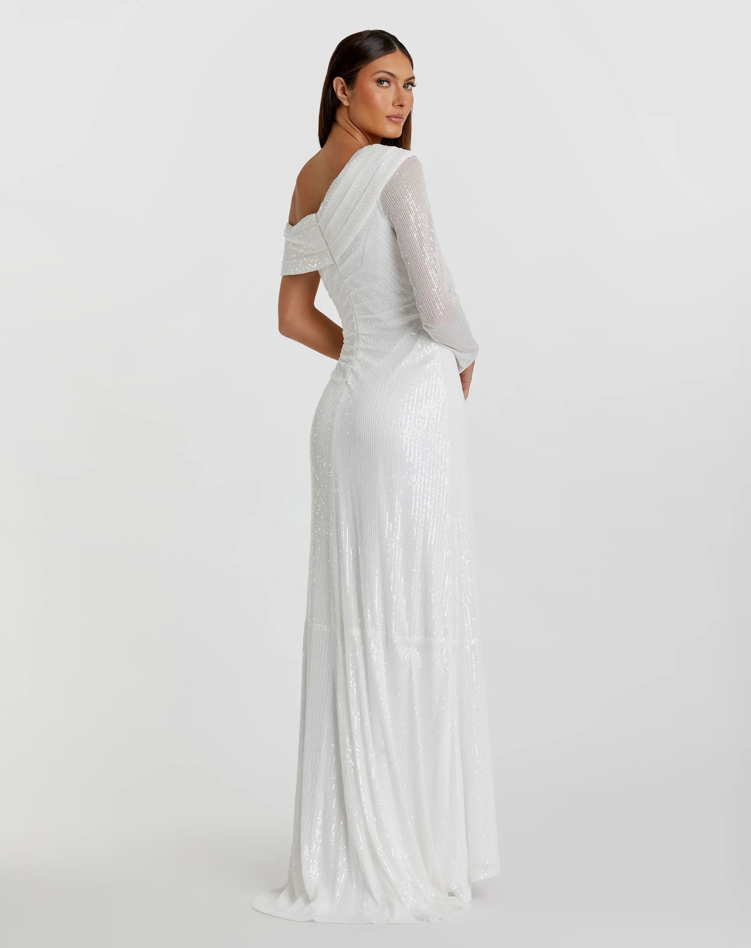 White Sequined Drop Shoulder Faux Wrap Gown-Myartka
