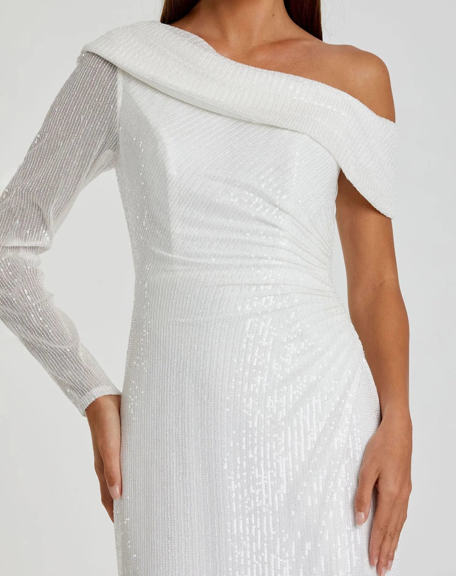 White Sequined Drop Shoulder Faux Wrap Gown-Myartka