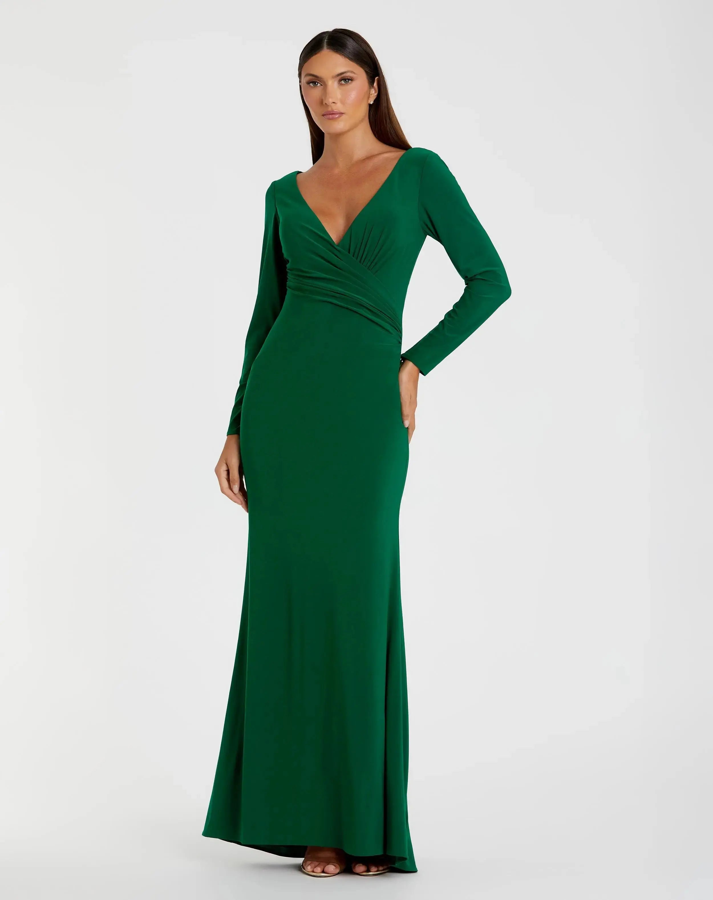 Green Long Sleeve Ruched Jersey V-Neck Gown-Myartka