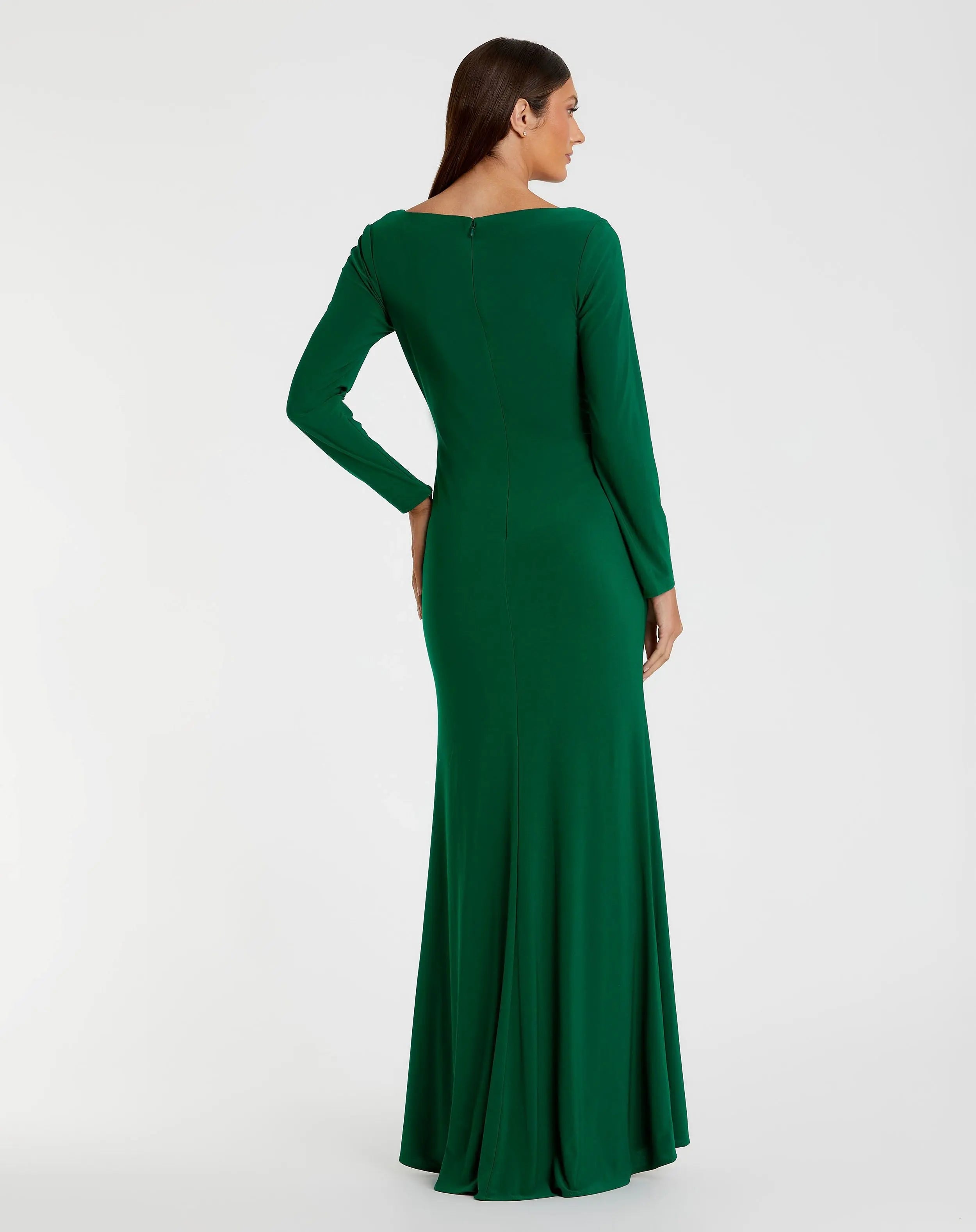 Green Long Sleeve Ruched Jersey V-Neck Gown-Myartka