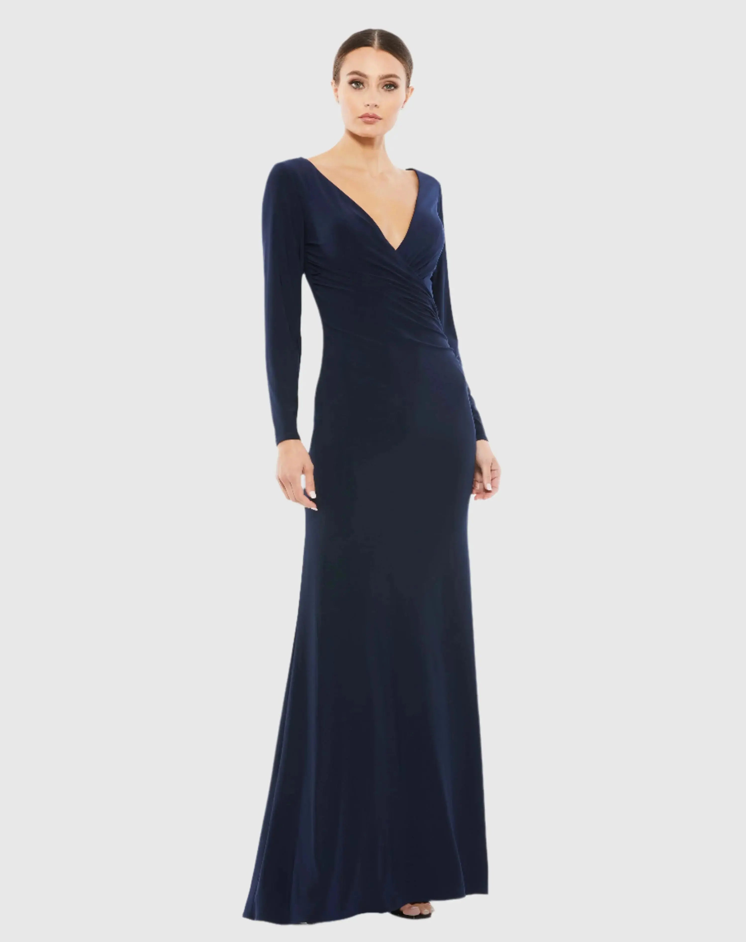 Navy Long Sleeve Ruched Jersey V-Neck Gown-Myartka