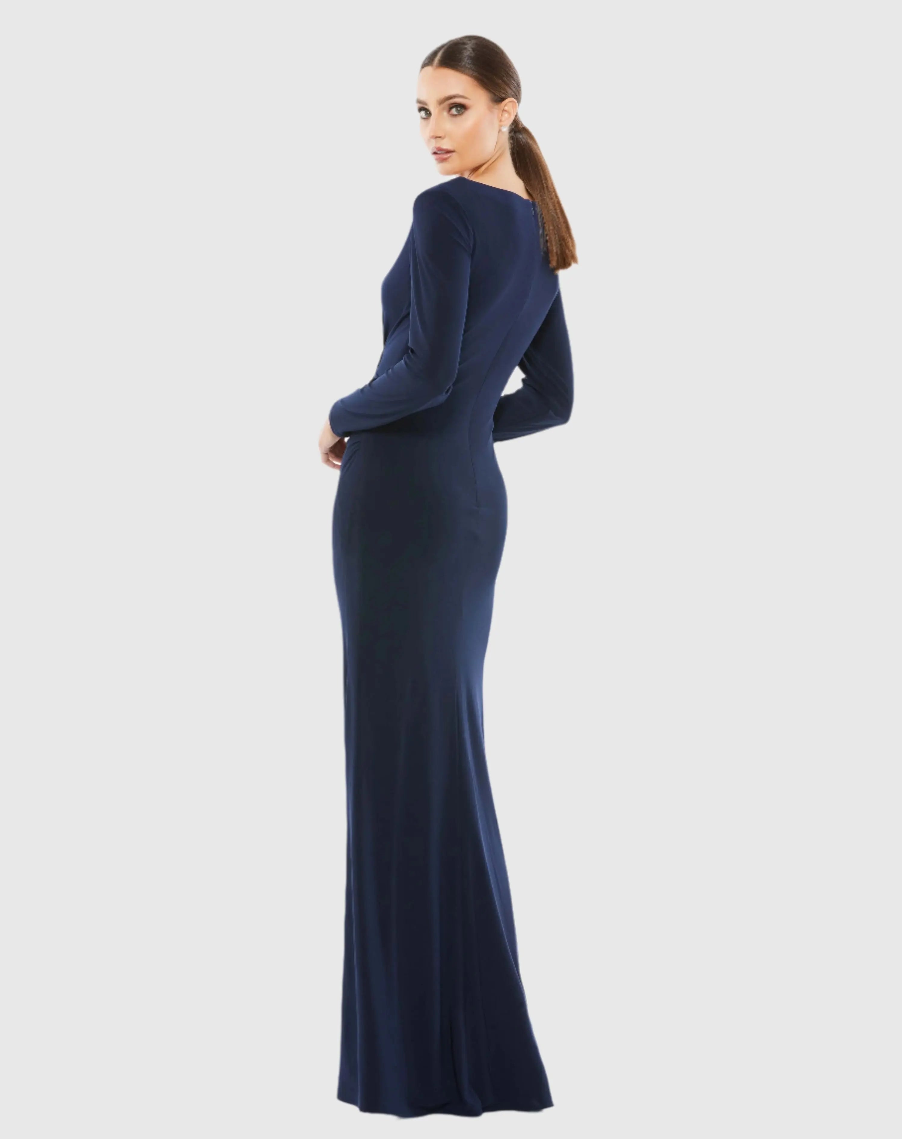 Navy Long Sleeve Ruched Jersey V-Neck Gown-Myartka