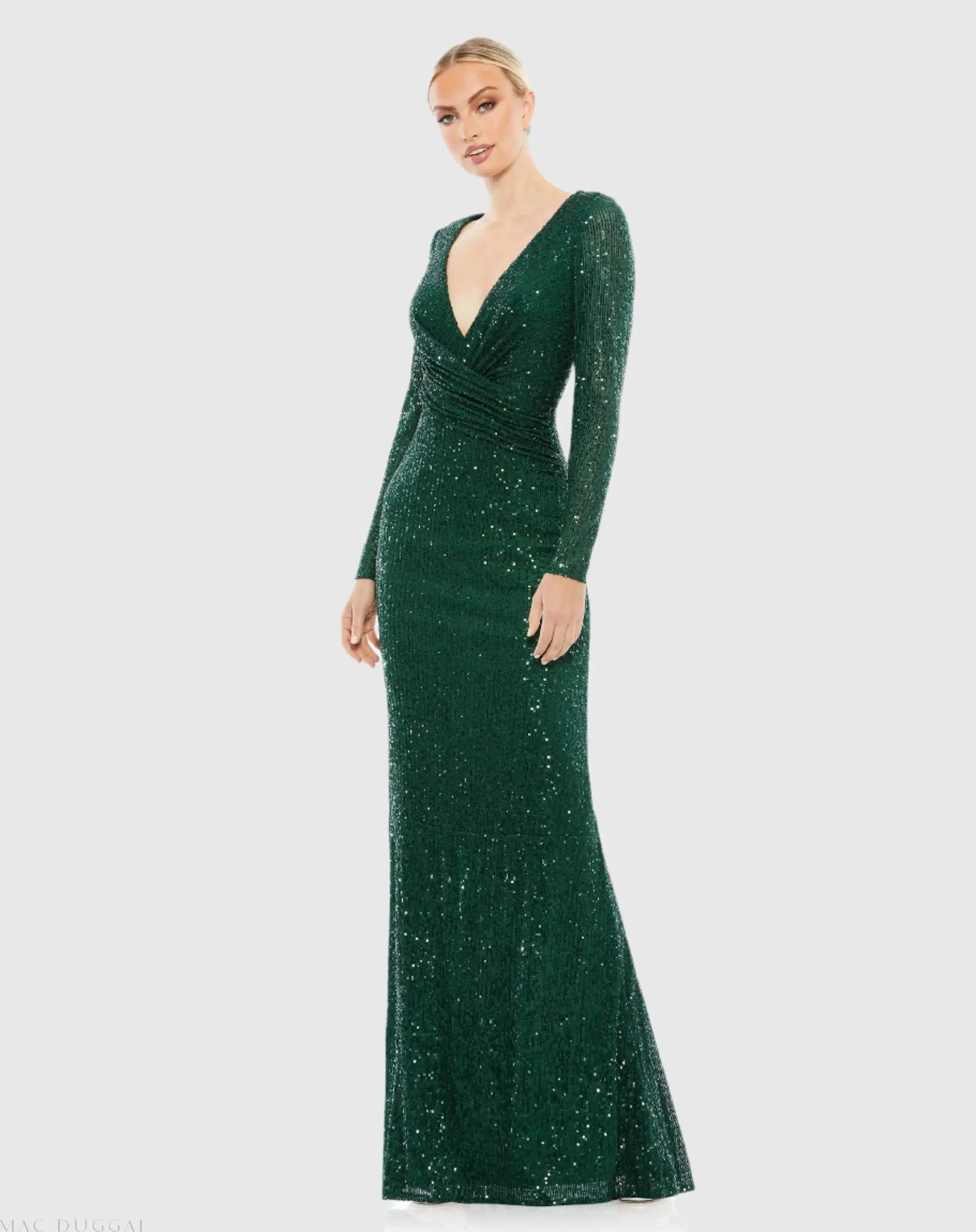 Sequined Faux Wrap Long Sleeve Column Gown-Myartka