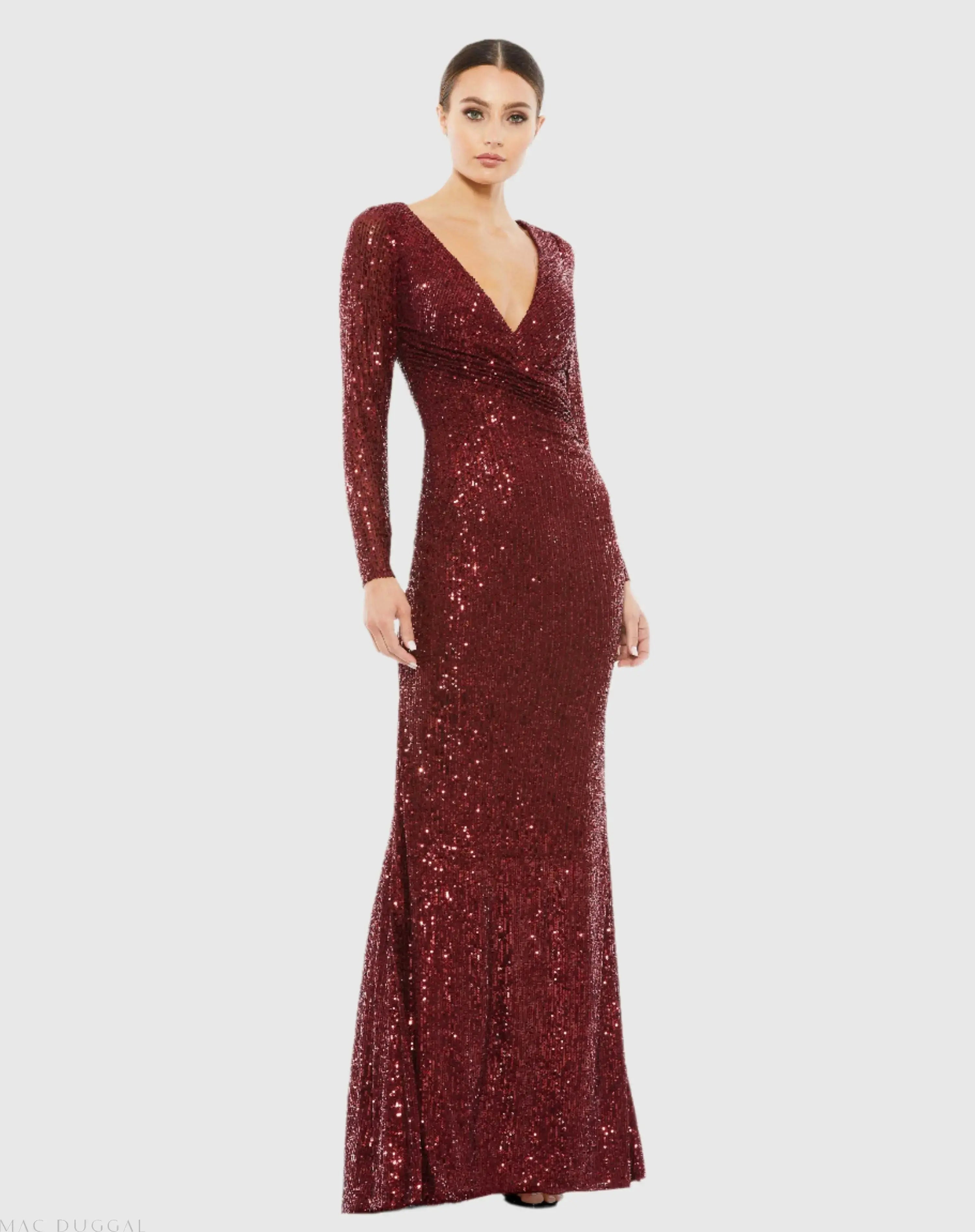 Sequined Faux Wrap Long Sleeve Column Gown-Myartka