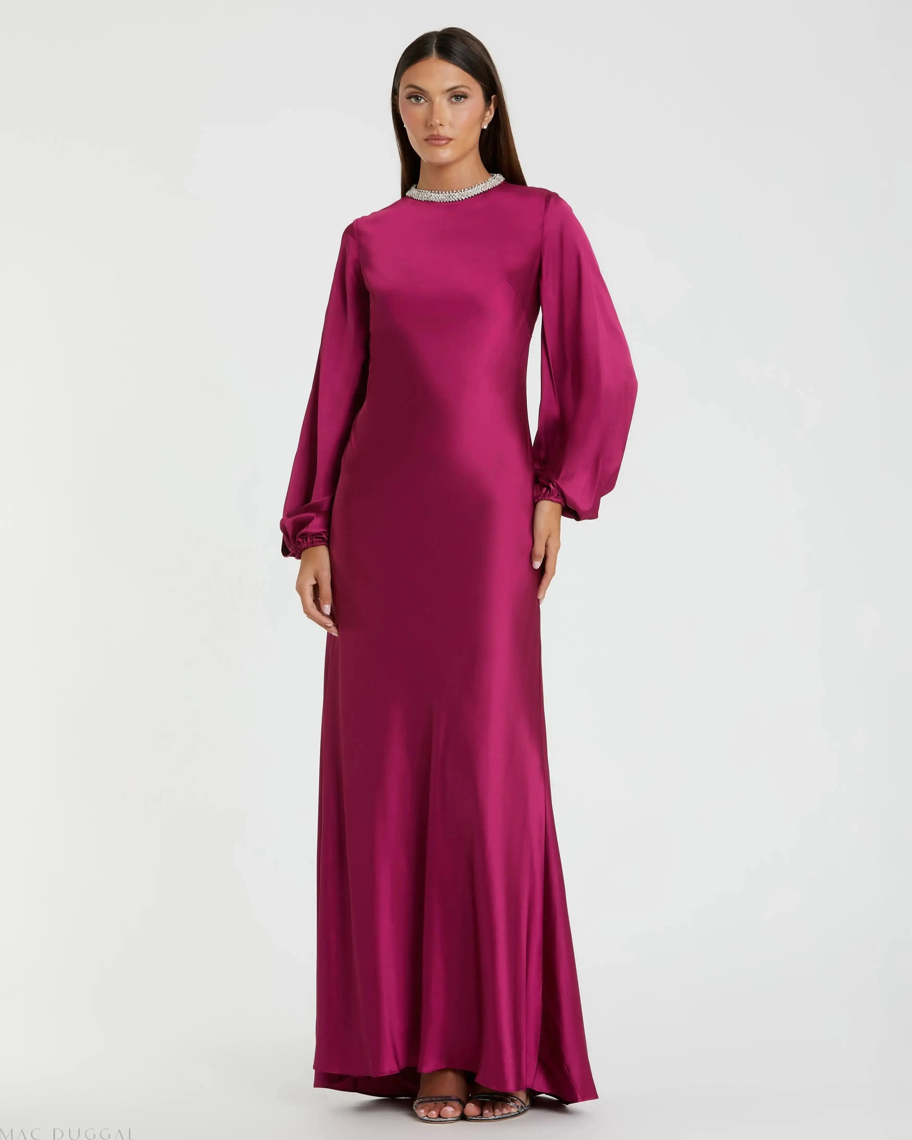 Beaded High Neck Bishop Sleeve Satin Gown-Myartka