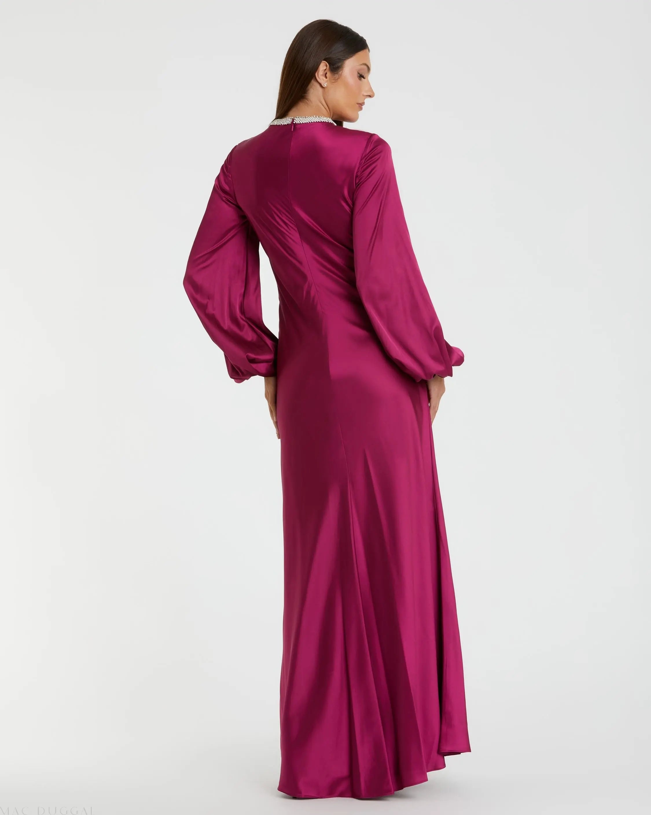 Purple Beaded High Neck Bishop Sleeve Satin Gown-Myartka