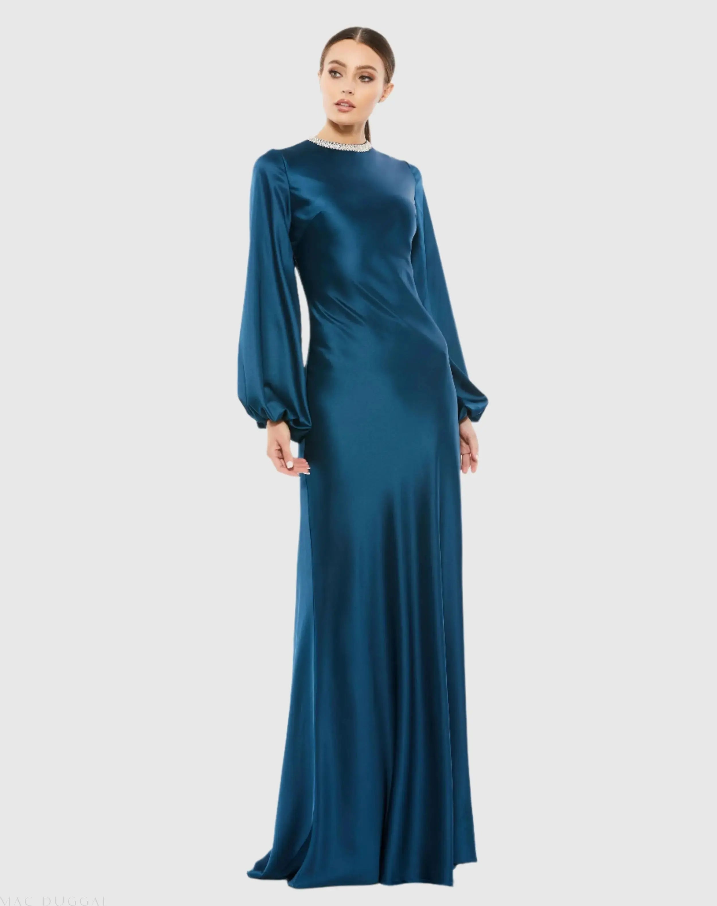 Beaded High Neck Bishop Sleeve Satin Gown-Myartka