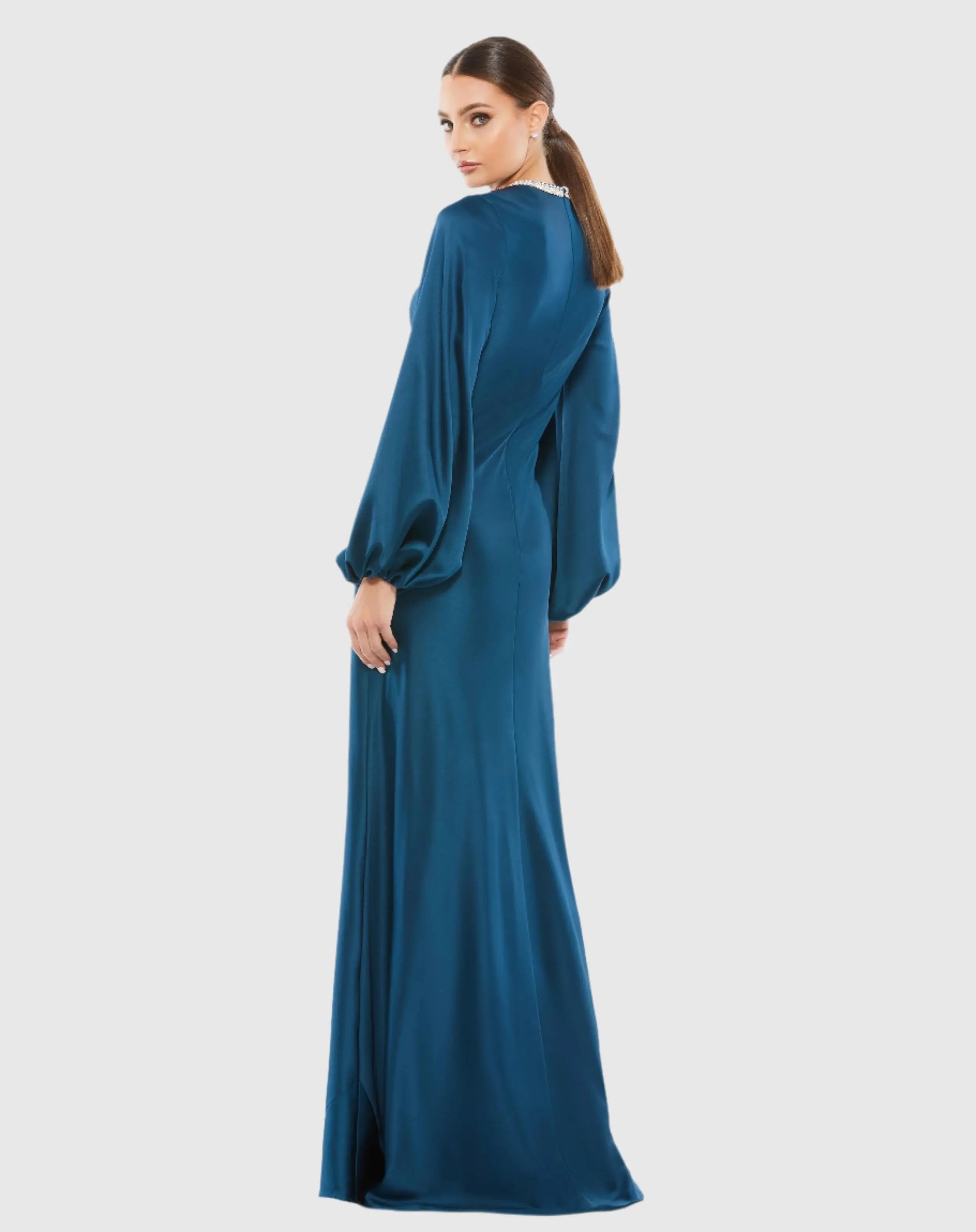 Blue Beaded High Neck Bishop Sleeve Satin Gown-Myartka