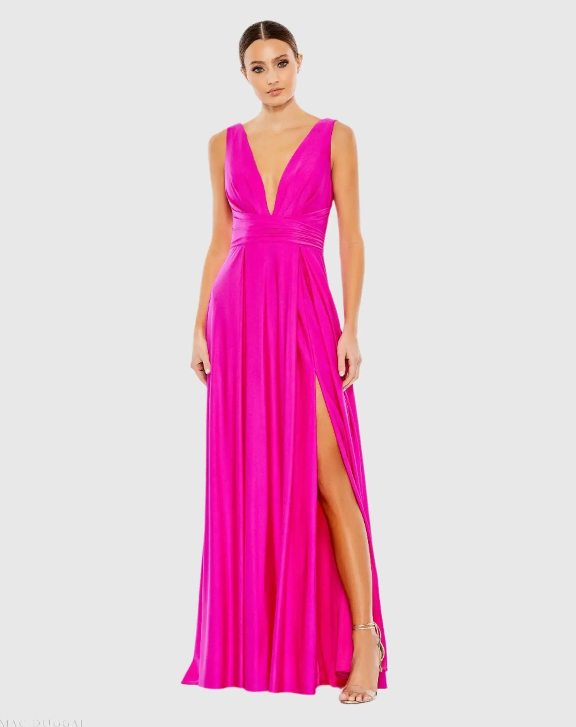 Pink Jersey Plunge Neck Evening Gown-Myartka