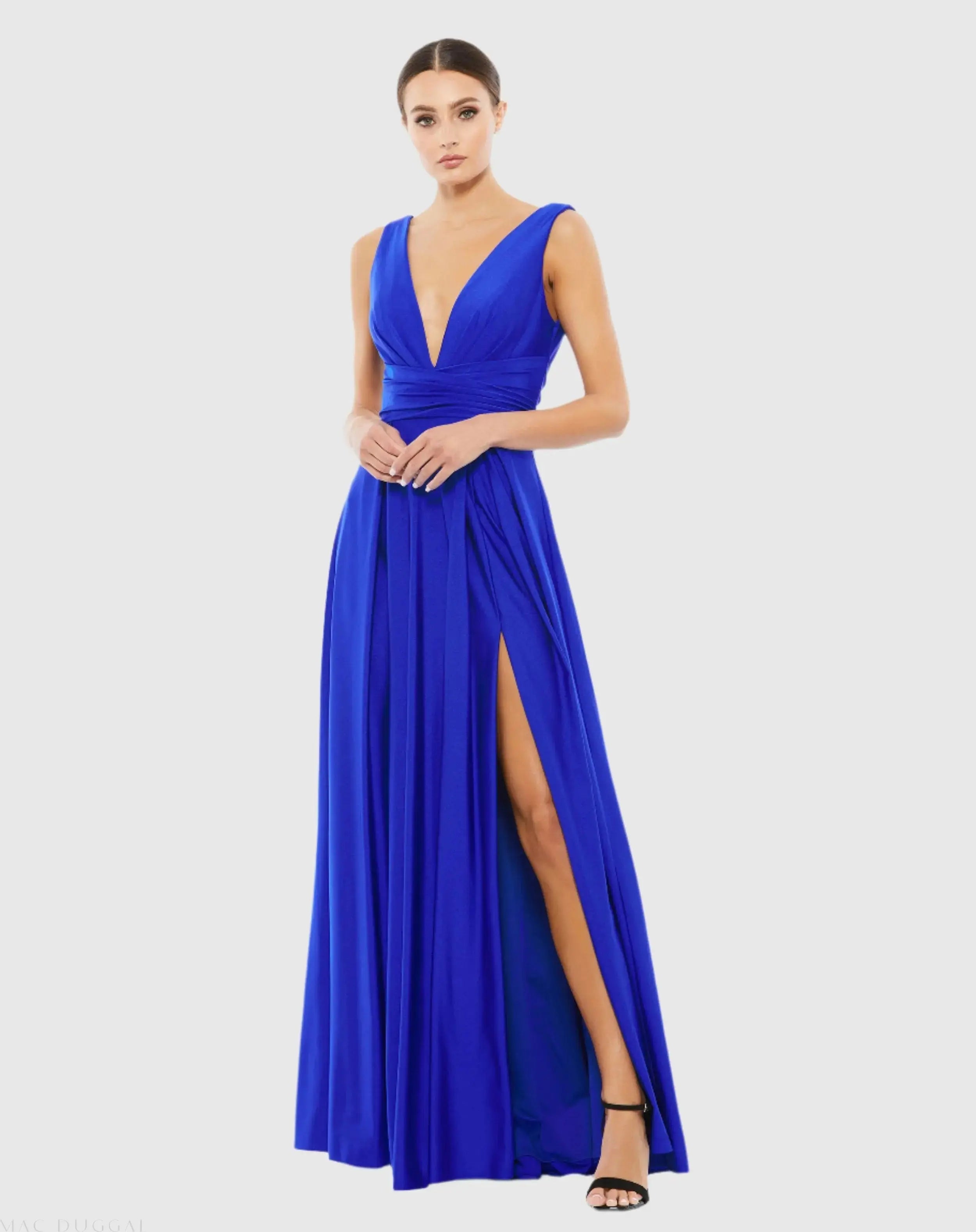 Blue Jersey Plunge Neck Evening Gown-Myartka