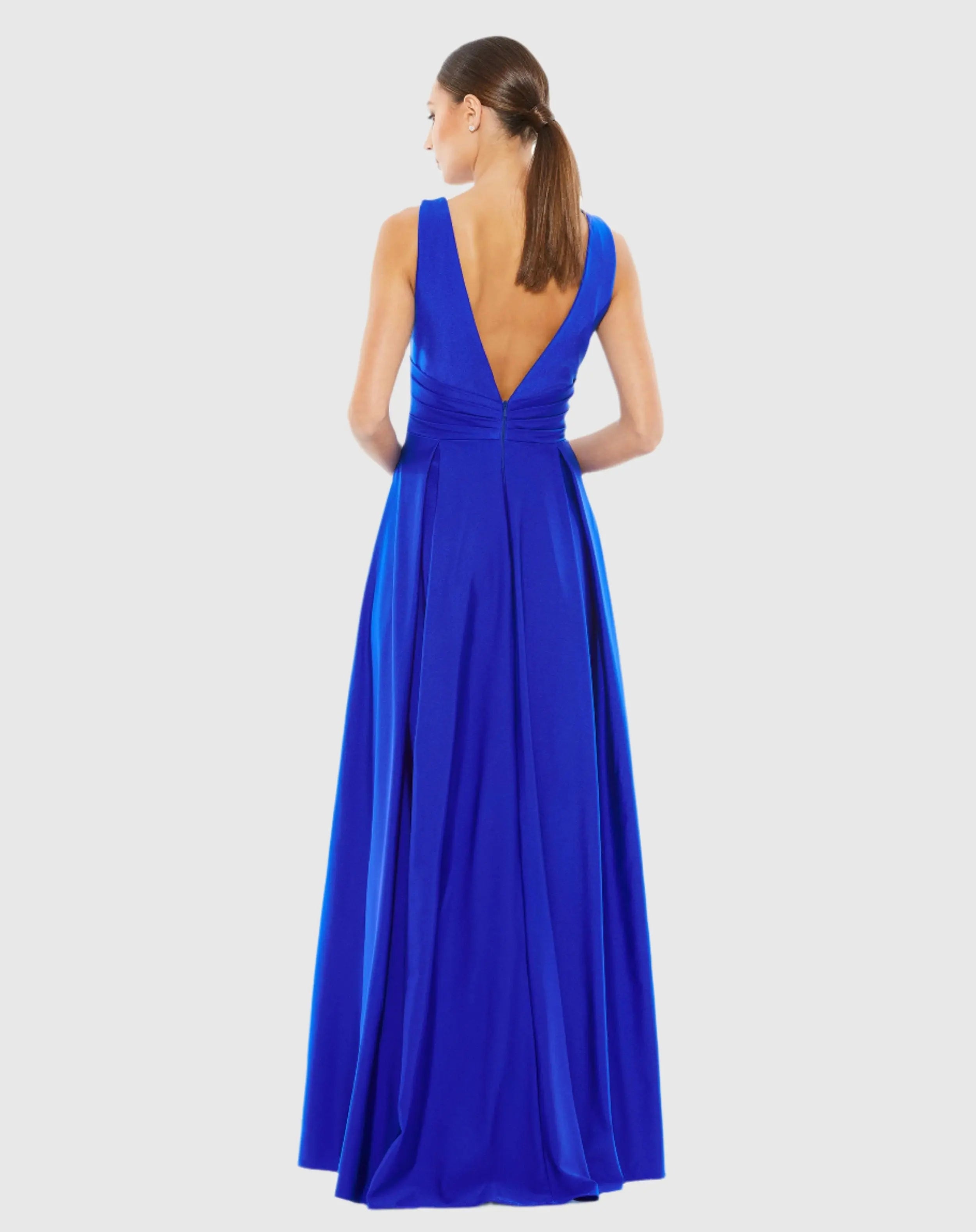 Blue Jersey Plunge Neck Evening Gown-Myartka