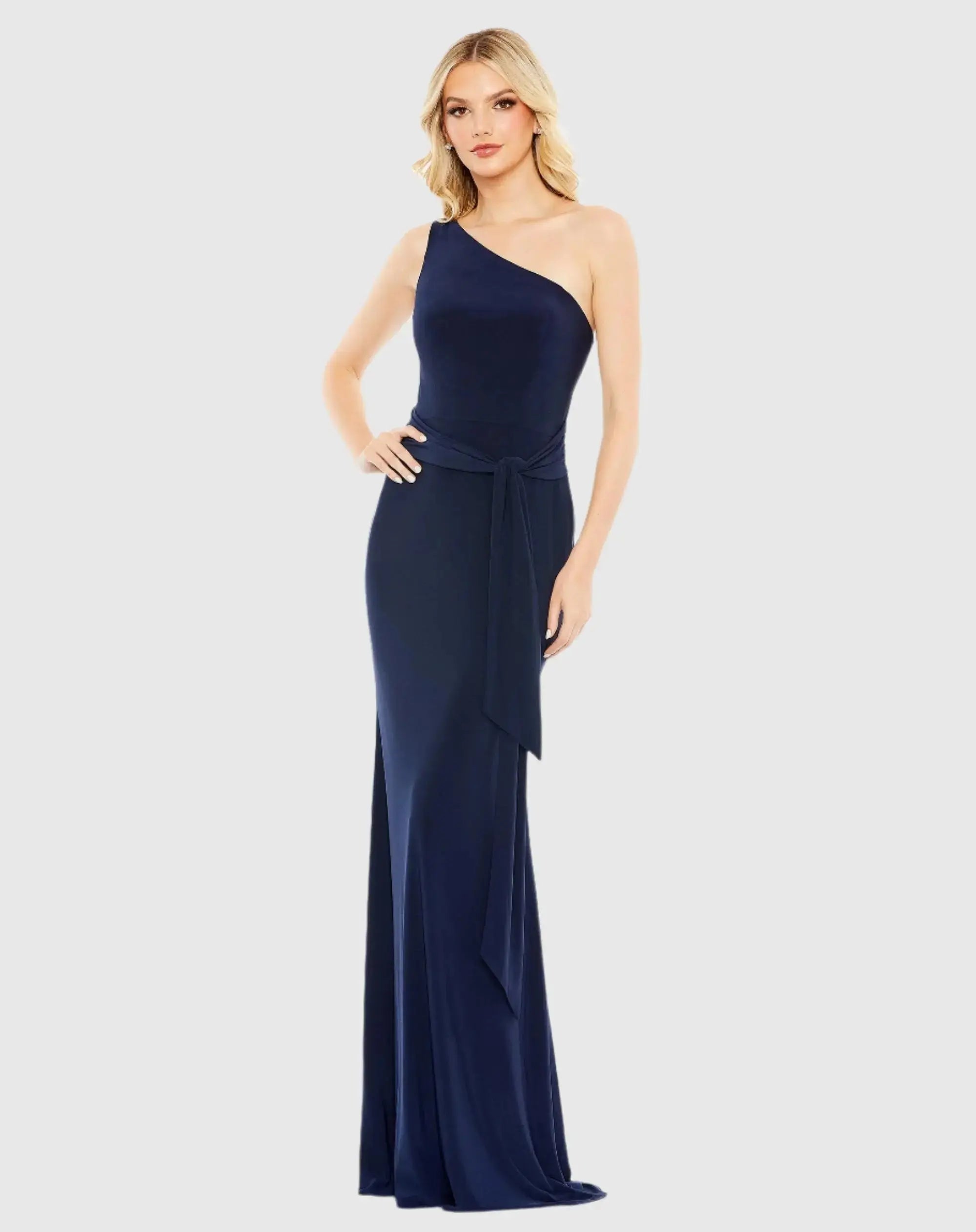 Navy Jersey One Shoulder Belted Trumpet Gown-Myartka