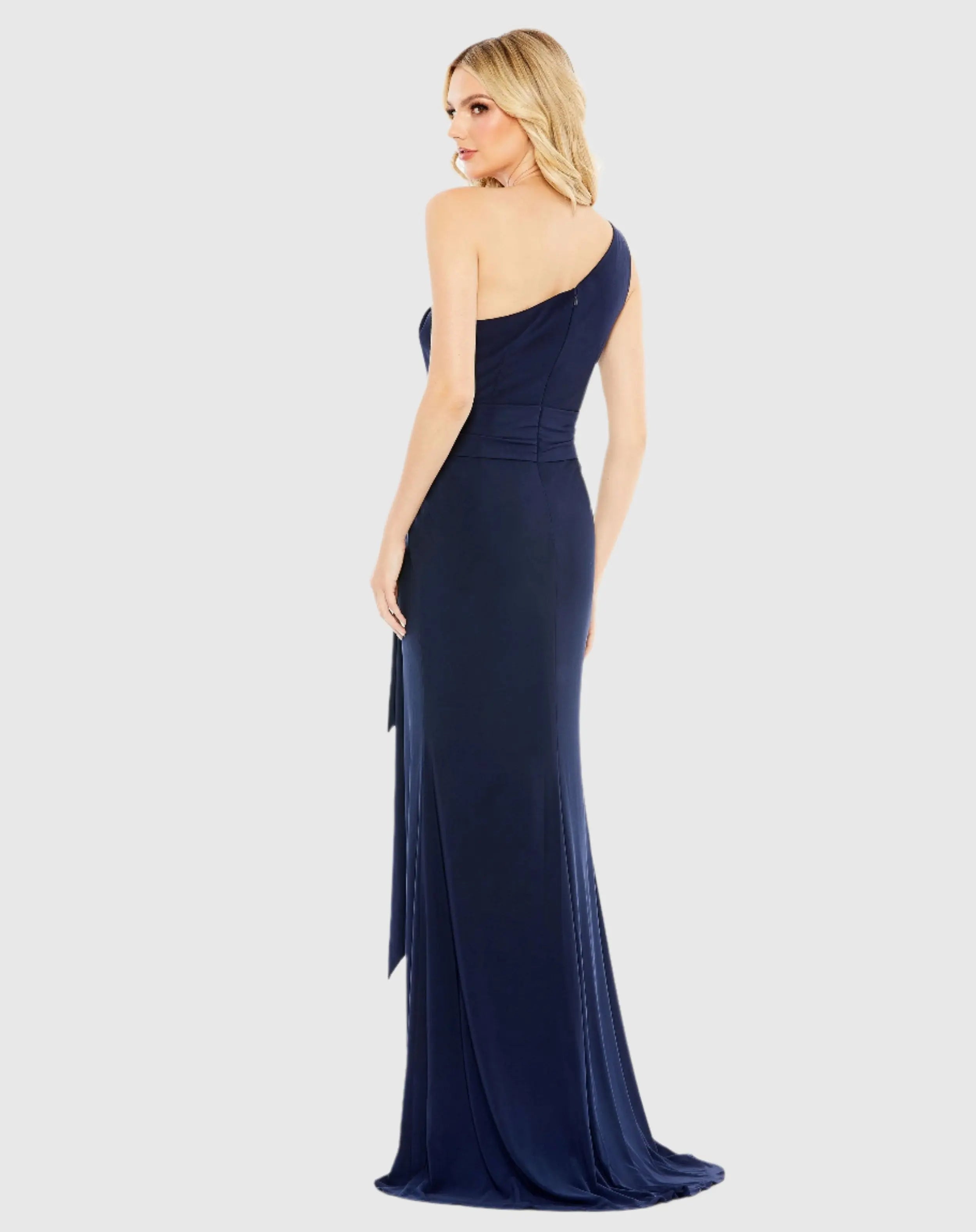 Navy Jersey One Shoulder Belted Trumpet Gown-Myartka