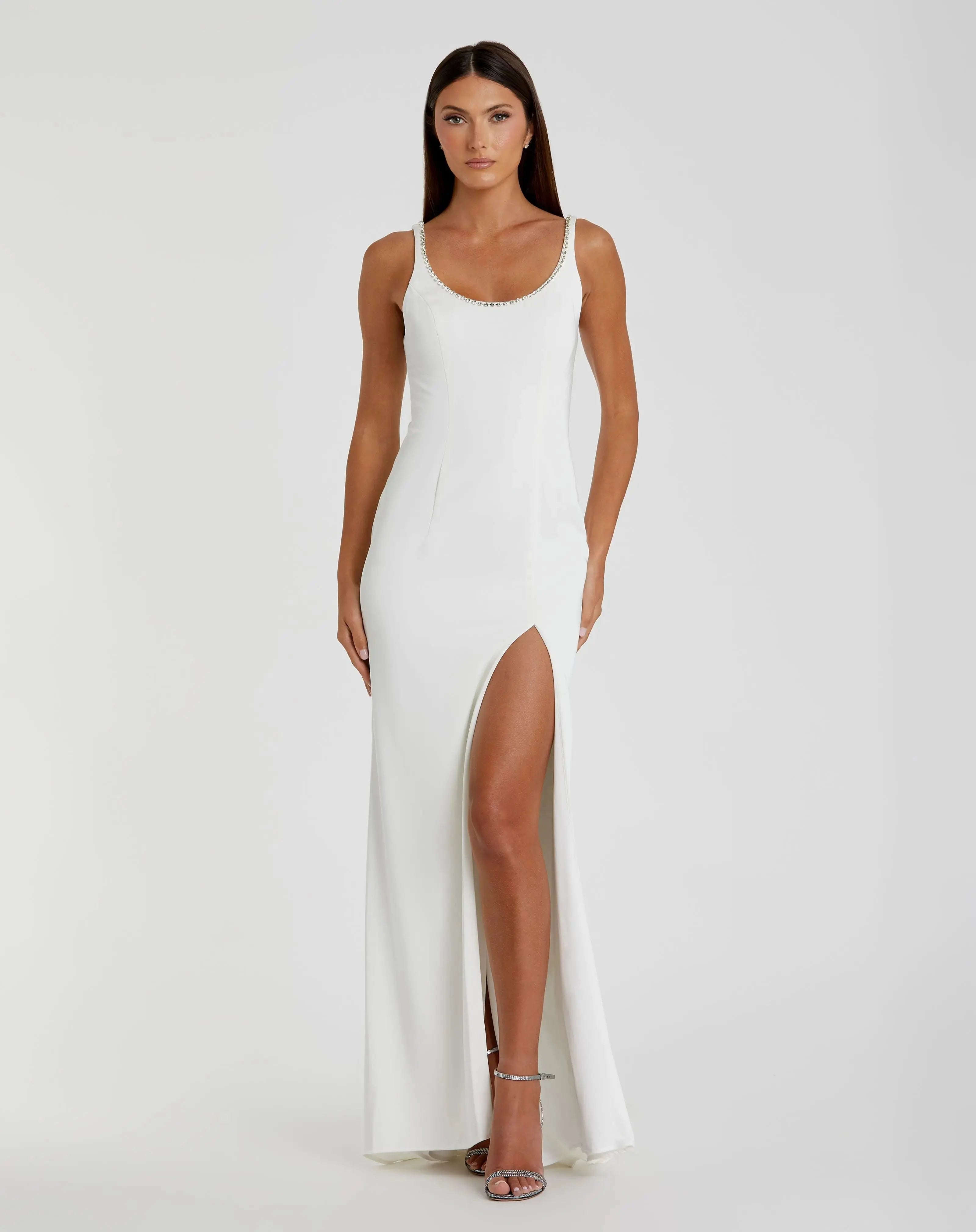 White Sleeveless Crystal Scoop Neckline Column Gown with High Slit-Myartka