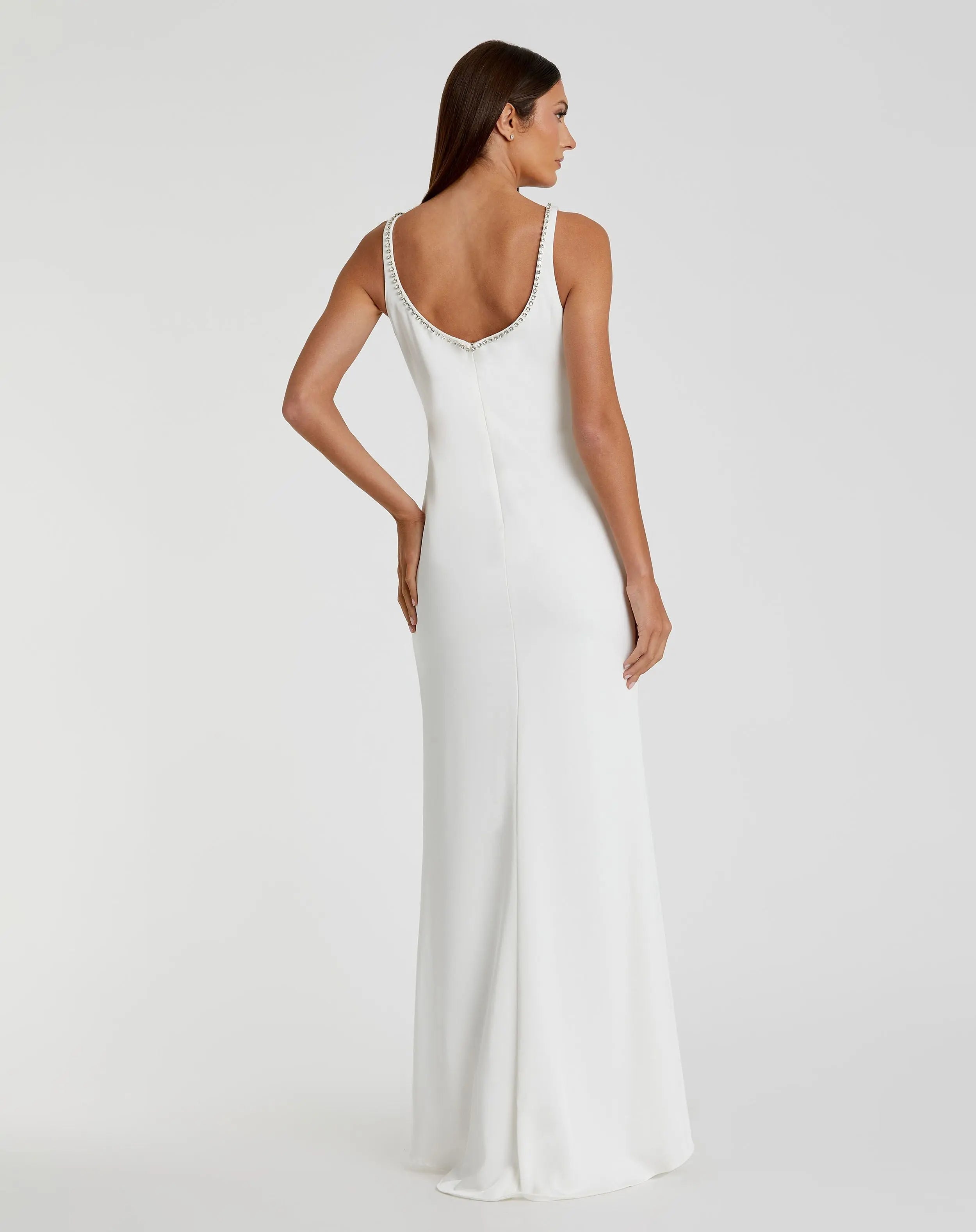 White Sleeveless Crystal Scoop Neckline Column Gown with High Slit-Myartka