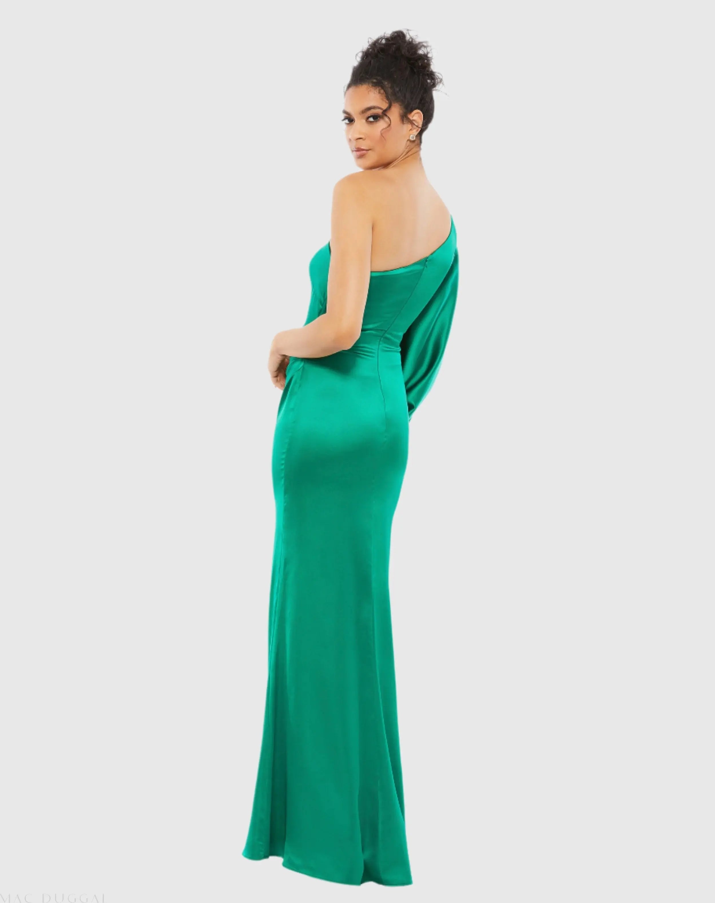 Green Satin Puff Sleeve Gown-Myartka