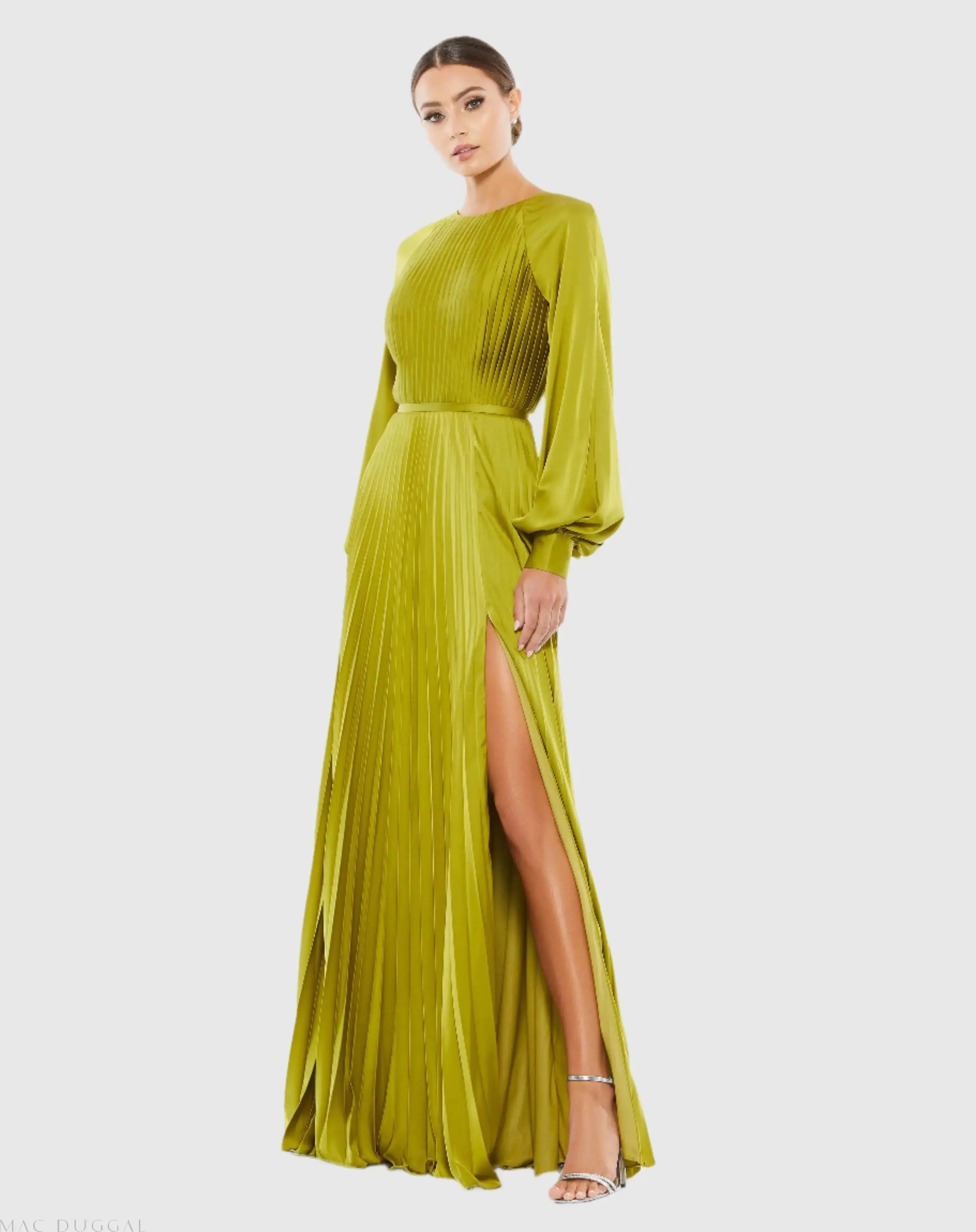 Green Pleated High Neck Long Sleeve Gown with Slit-Myartka