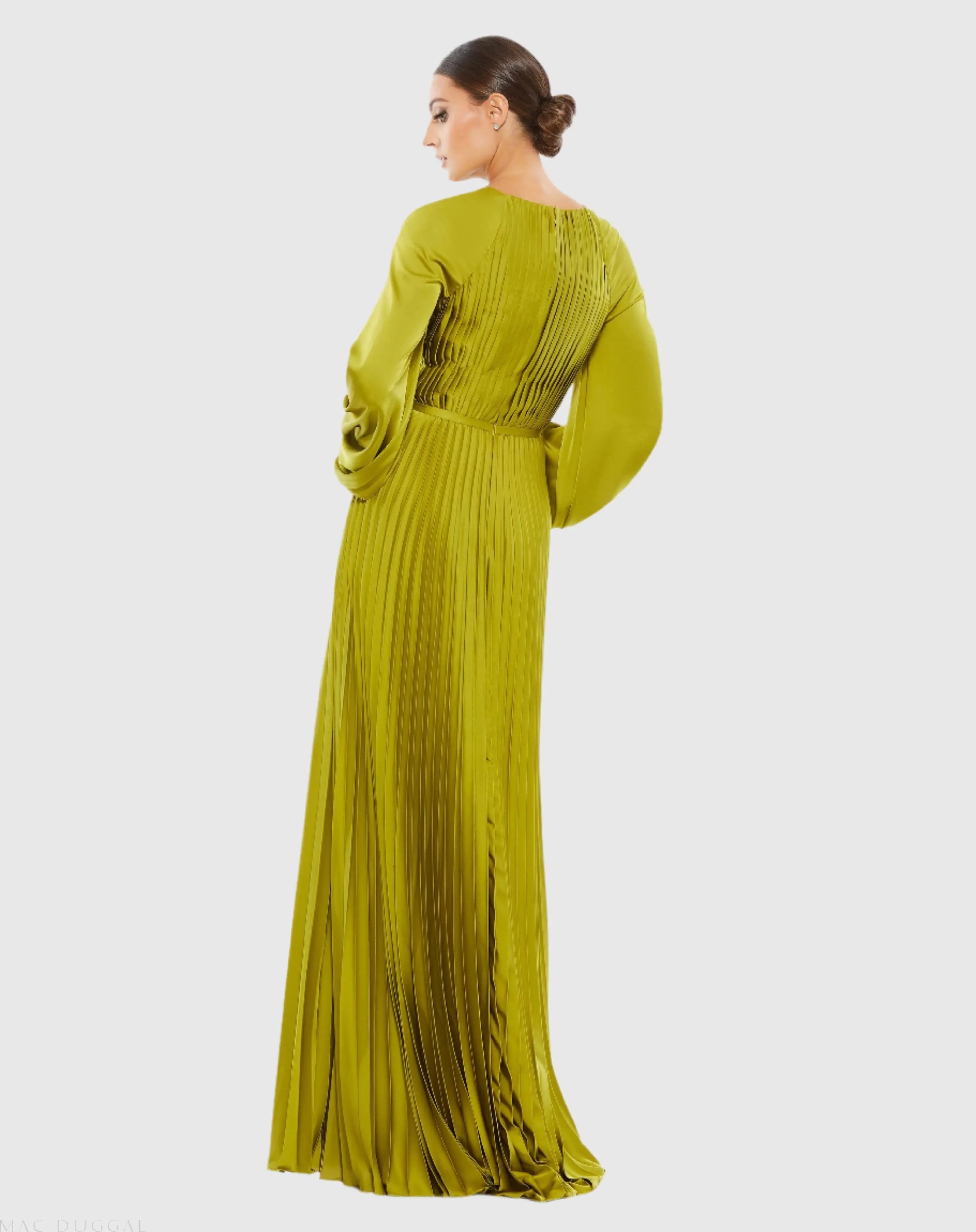 Green Pleated High Neck Long Sleeve Gown with Slit-Myartka