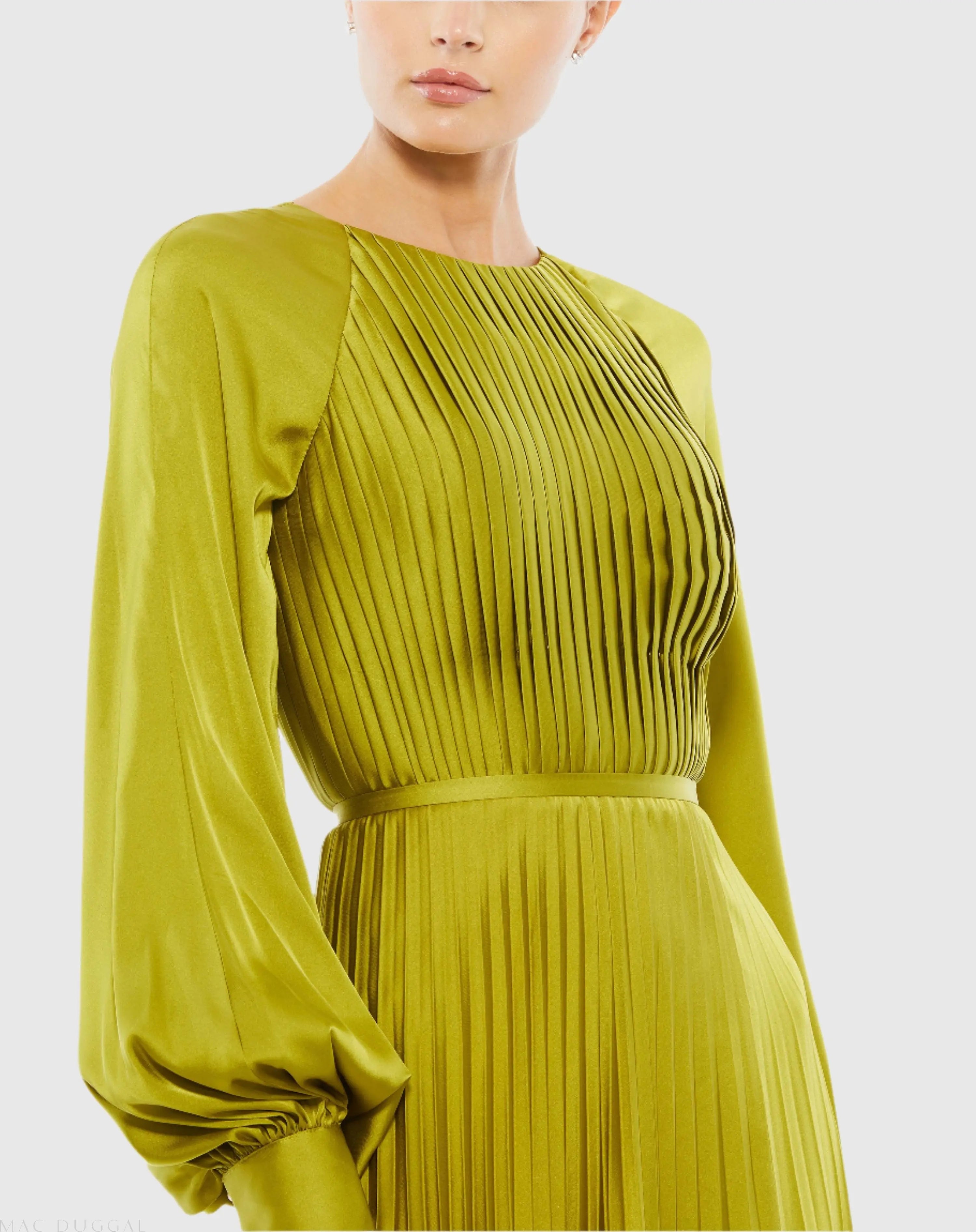 Green Pleated High Neck Long Sleeve Gown with Slit-Myartka