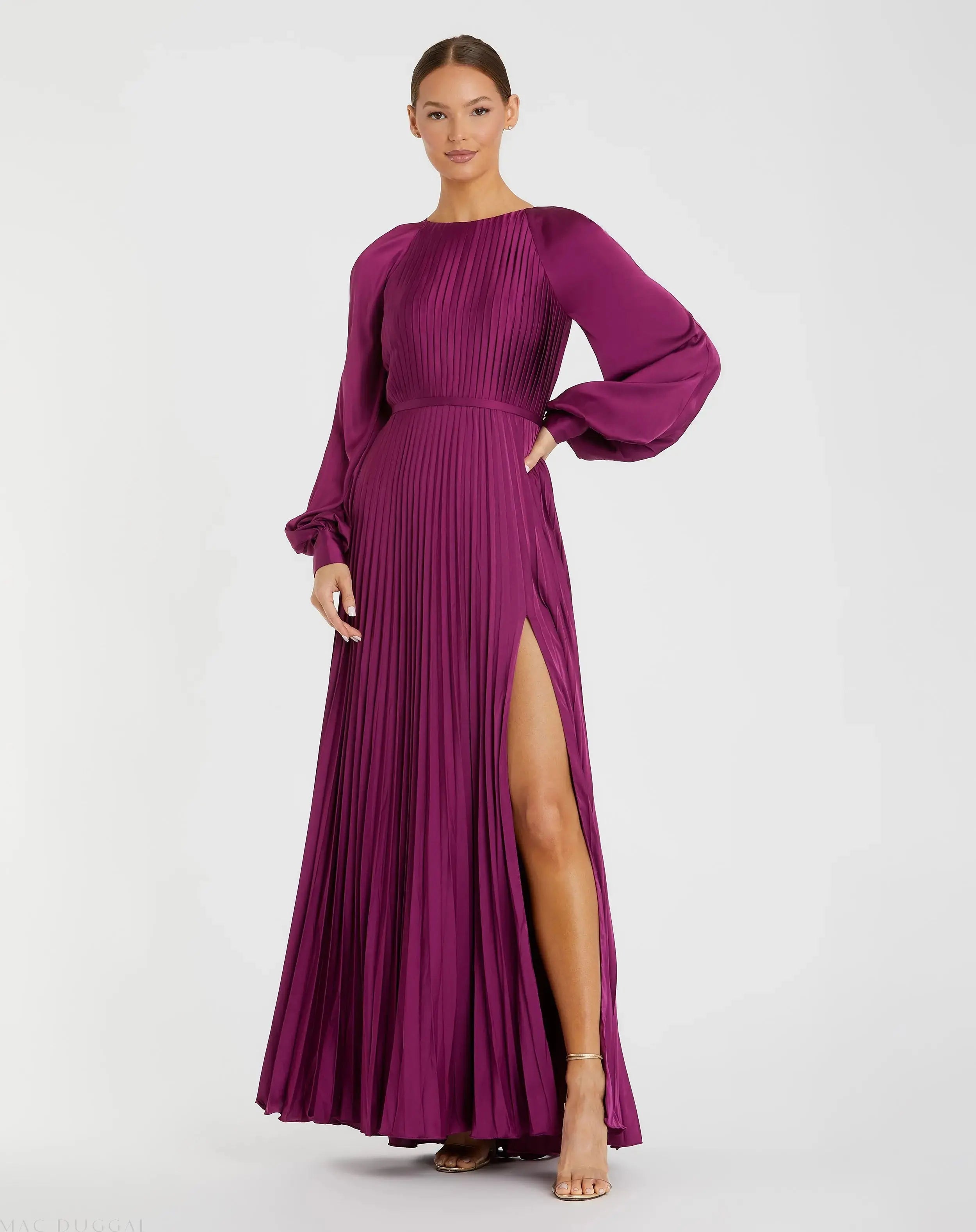 Purple Pleated High Neck Long Sleeve Gown with Slit-Myartka
