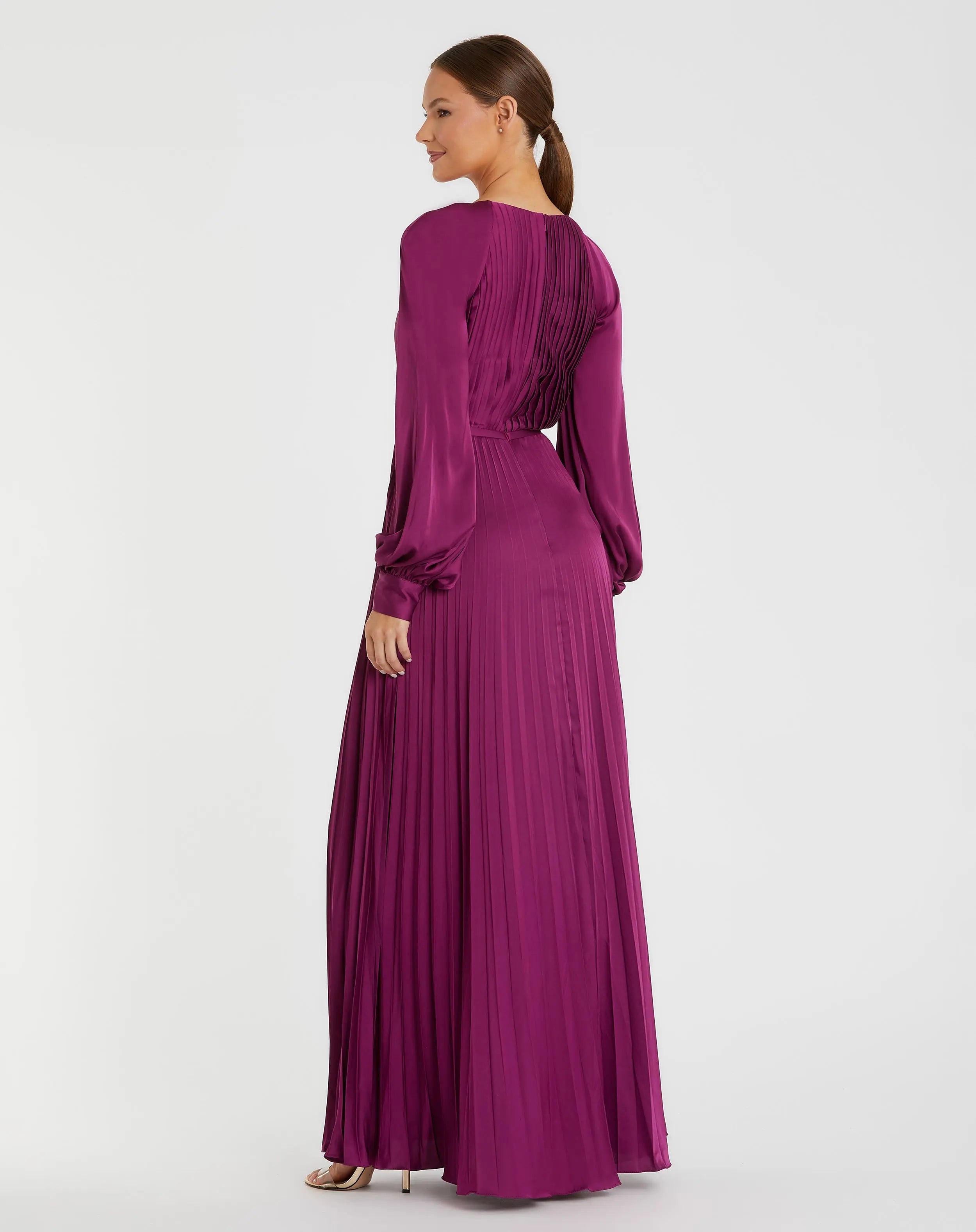 Purple Pleated High Neck Long Sleeve Gown with Slit-Myartka