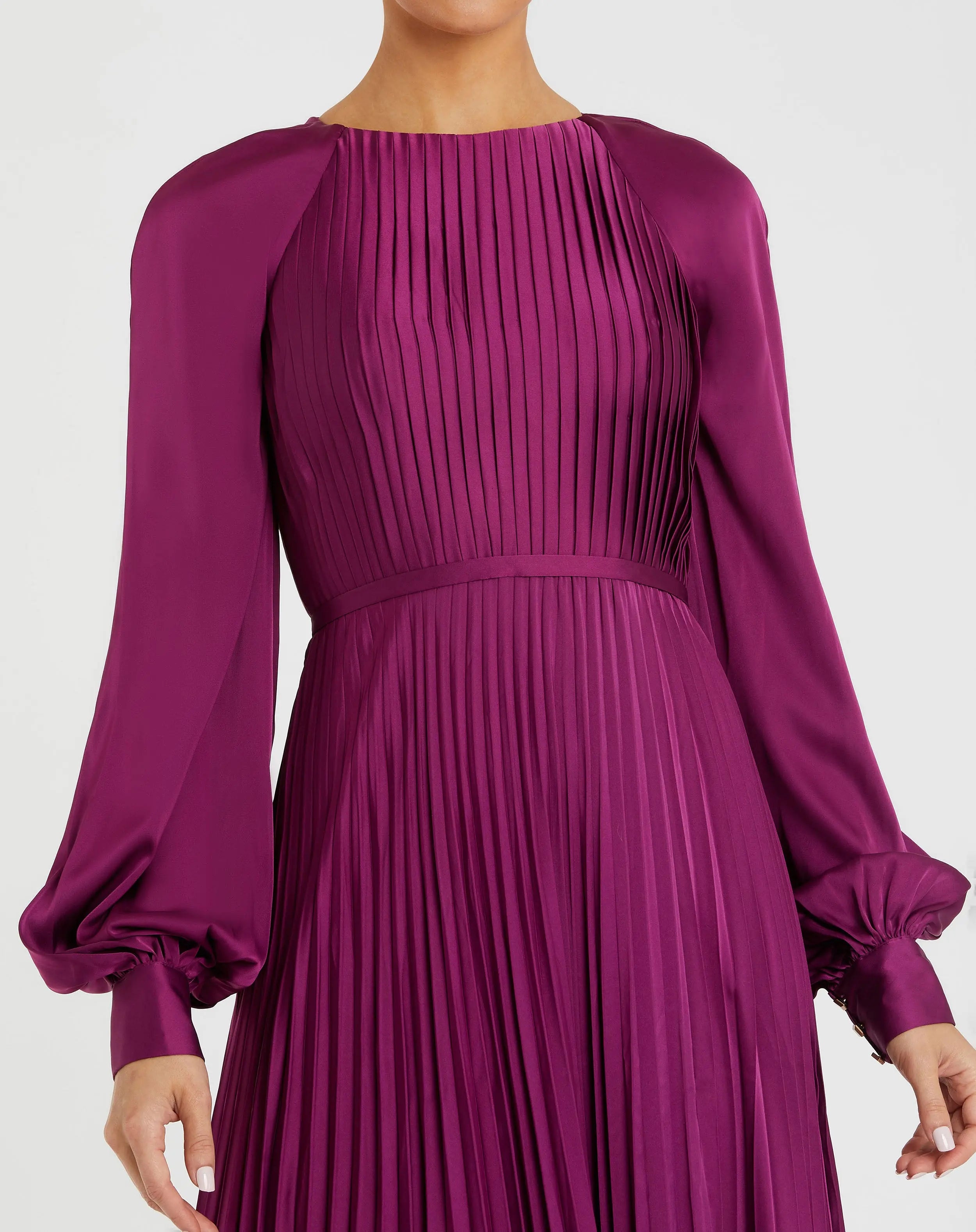 Purple Pleated High Neck Long Sleeve Gown with Slit-Myartka