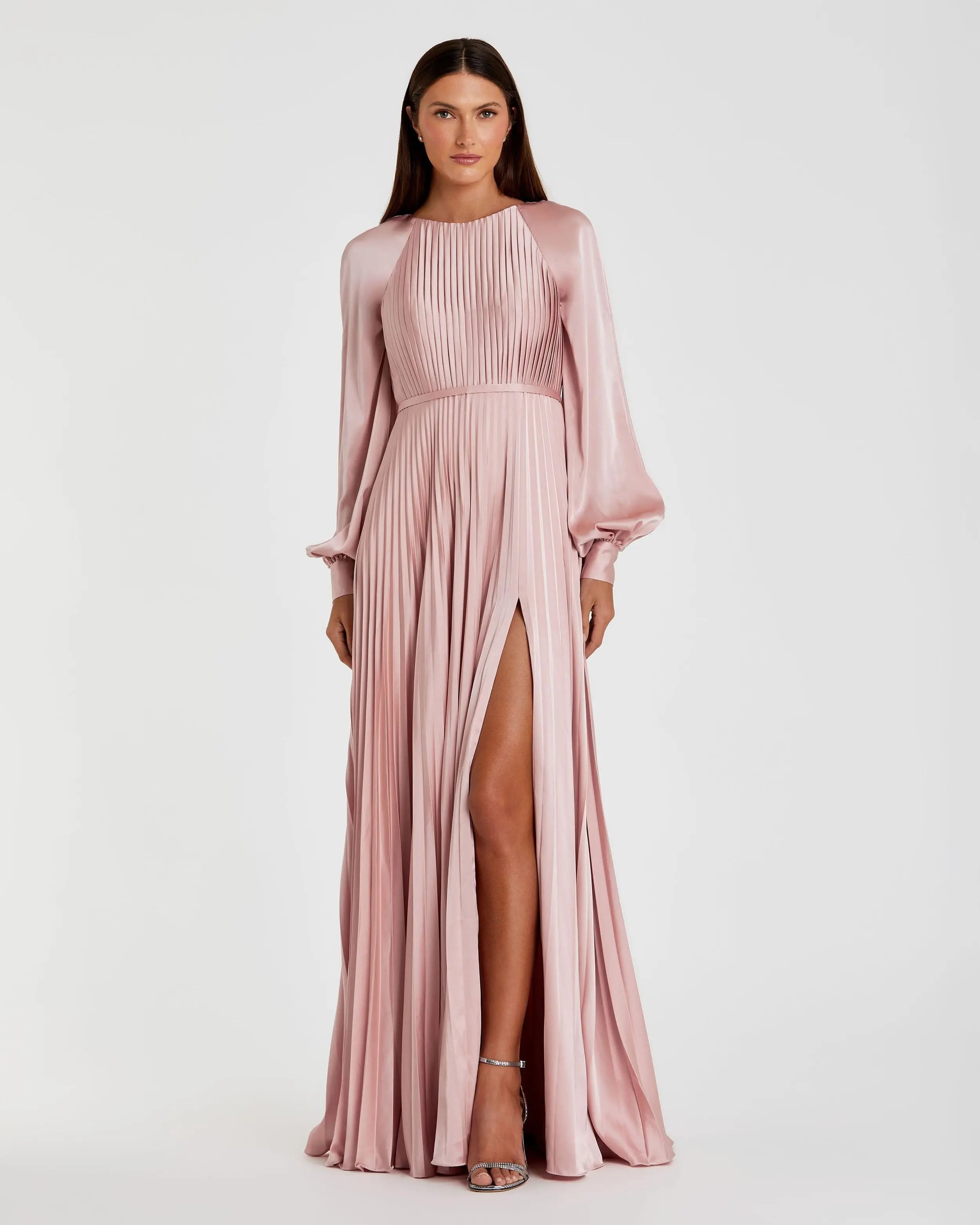 Pink Pleated High Neck Raglan Long Sleeve Side Slit Gown-Myartka
