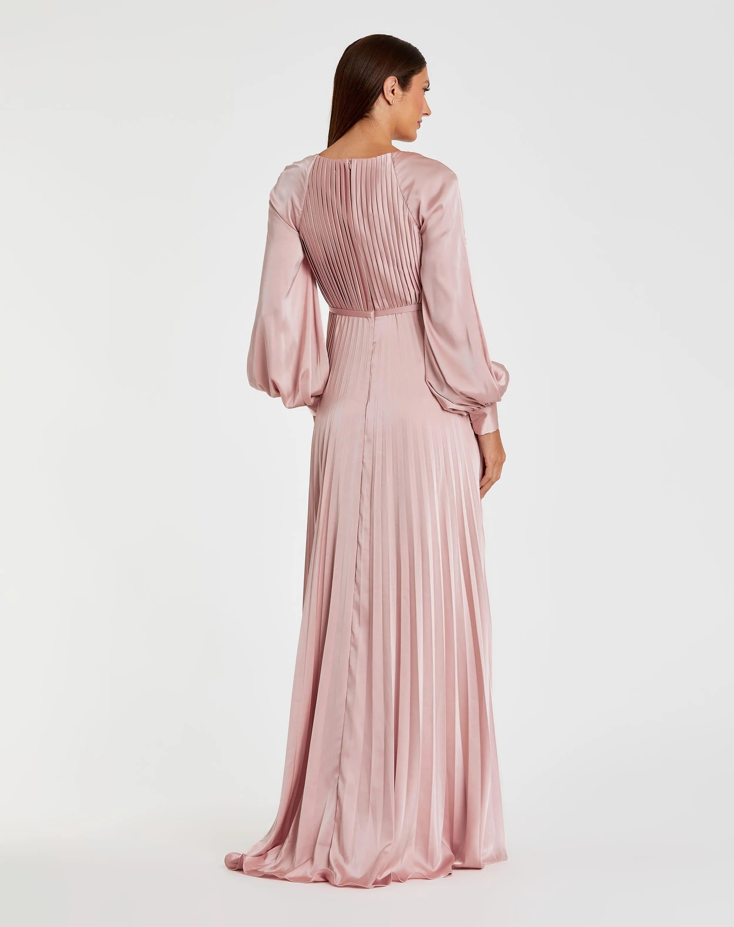 Pink Pleated High Neck Raglan Long Sleeve Side Slit Gown-Myartka