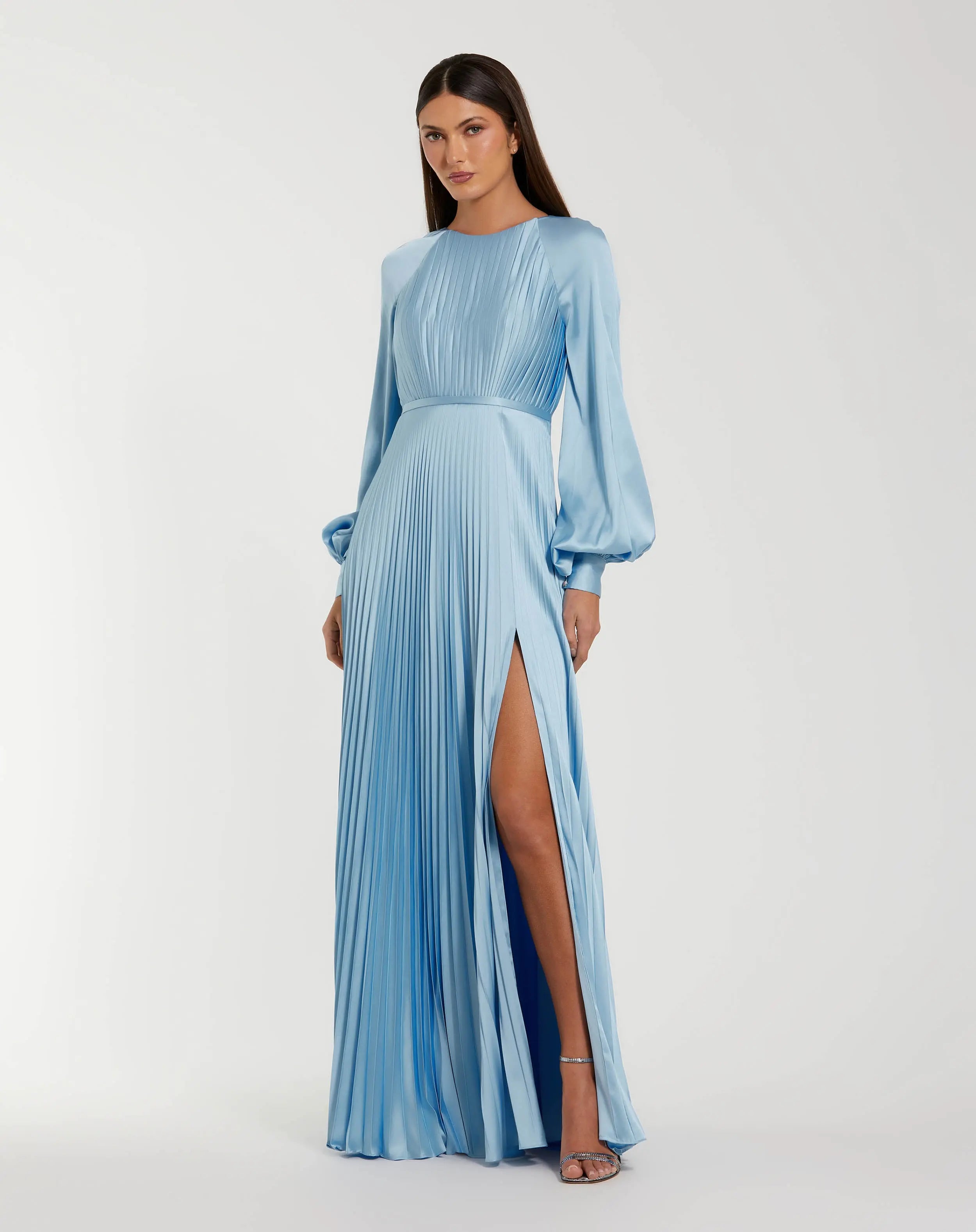 Blue Pleated High Neck Raglan Long Sleeve Side Slit Gown-Myartka